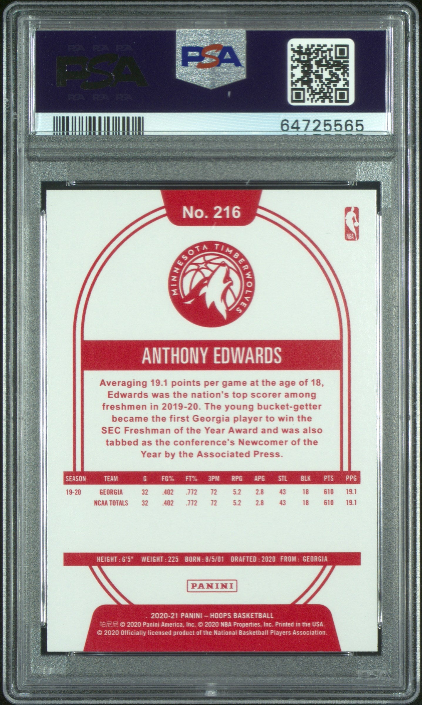 2020 Panini Hoops Anthony Edwards #216 Red Back PSA 10 Minnesota Timberwolves