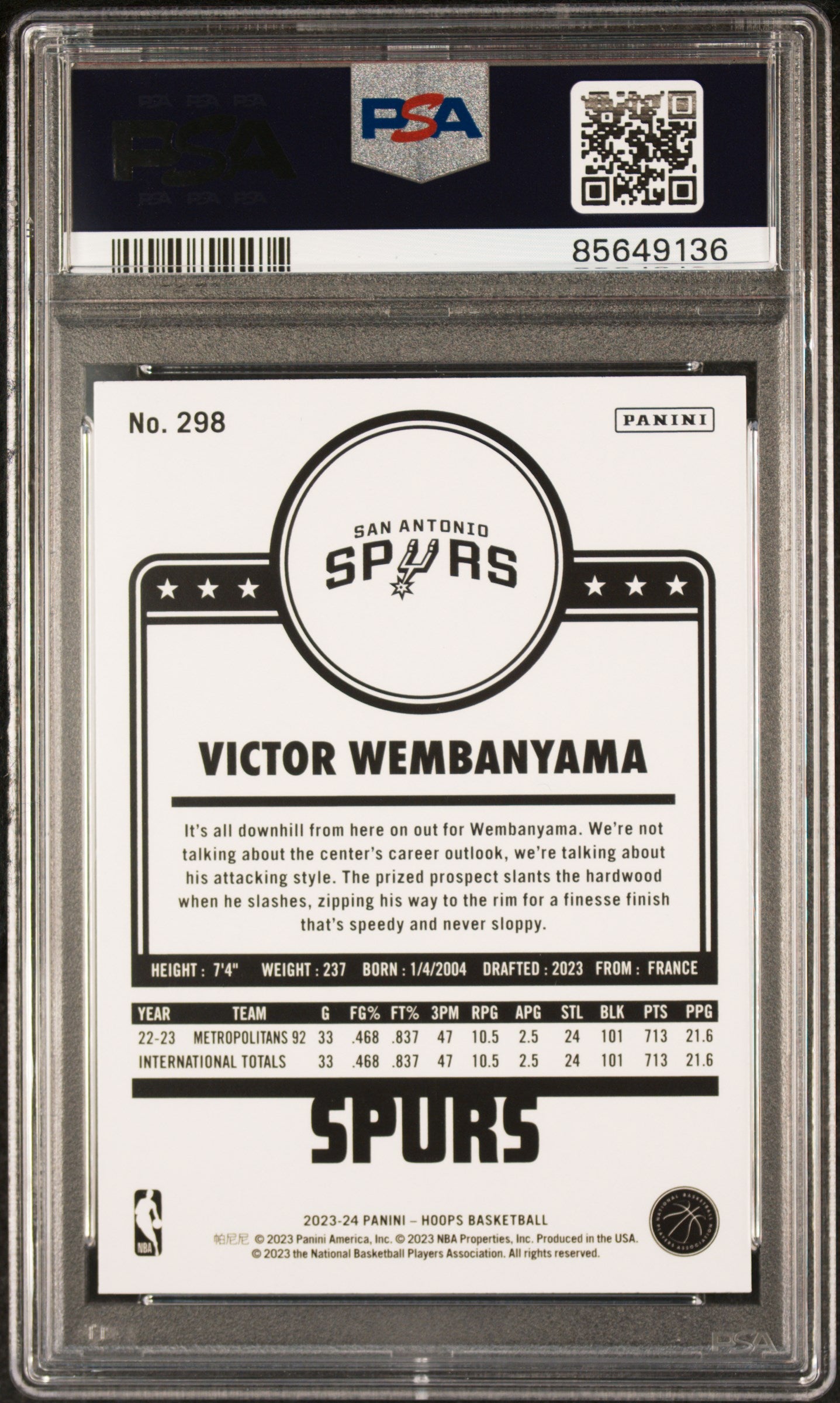 2023 Panini NBA Hoops Victor Wembanyama #298 PSA 10 San Antonio Spurs