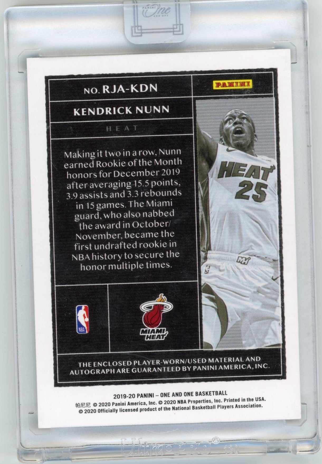 2019-20 Panini One Kendrick Nunn #RJA-KDN Rookie Jersey Autographs Blue /49 Heat