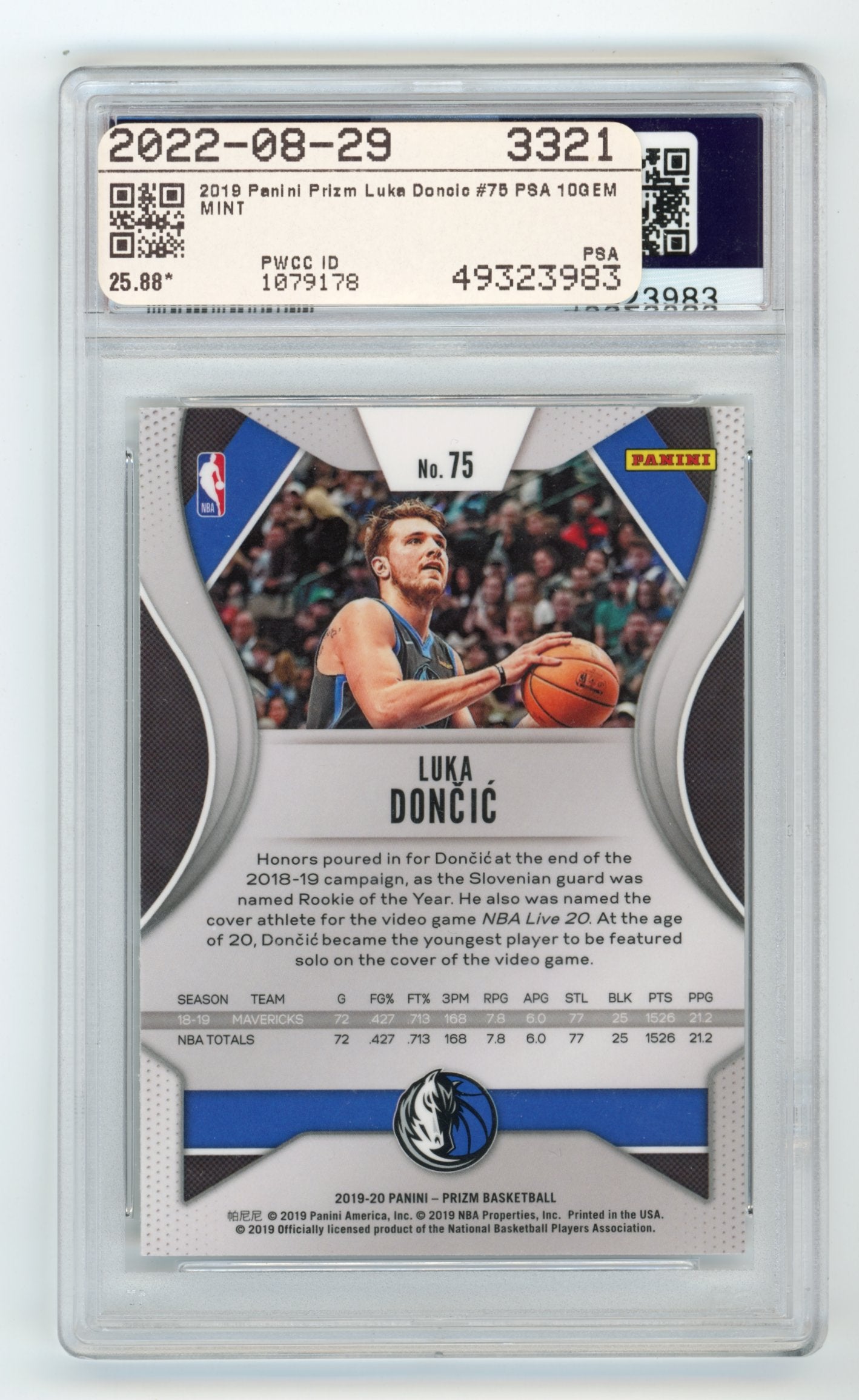 2019 Panini Prizm Luka Doncic #75 PSA 10 Dallas Mavericks