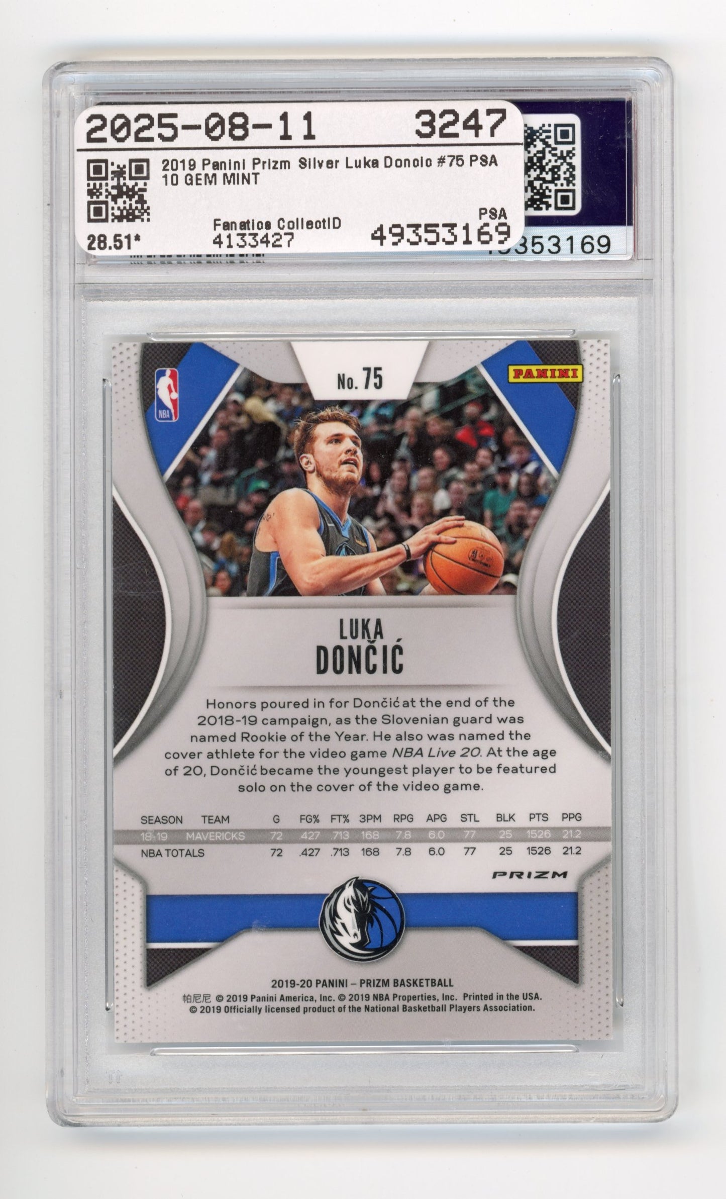 2019 Panini Prizm Luka Doncic #75 Silver Prizm PSA 10 Dallas Mavericks