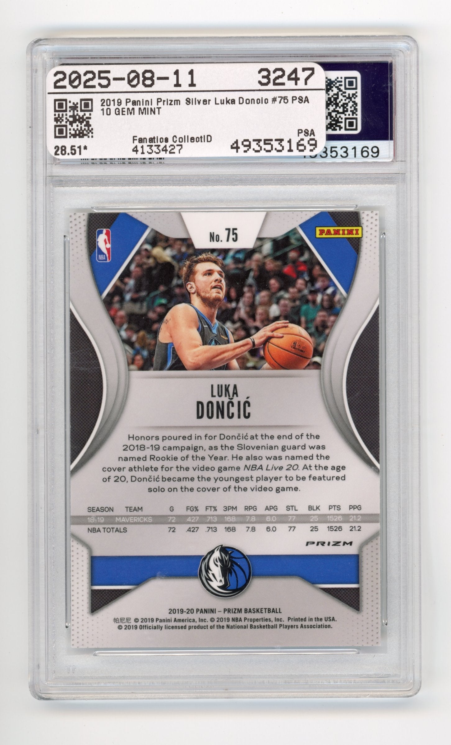 2019 Panini Prizm Luka Doncic #75 Silver Prizm PSA 10 Dallas Mavericks