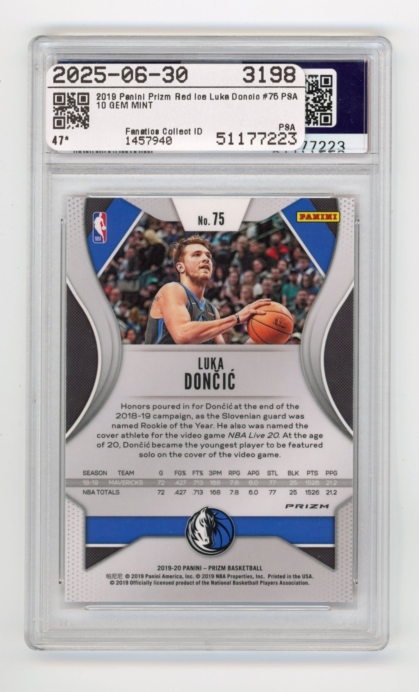 2019 Panini Prizm Luka Doncic #75 Red Ice PSA 10 Dallas Mavericks