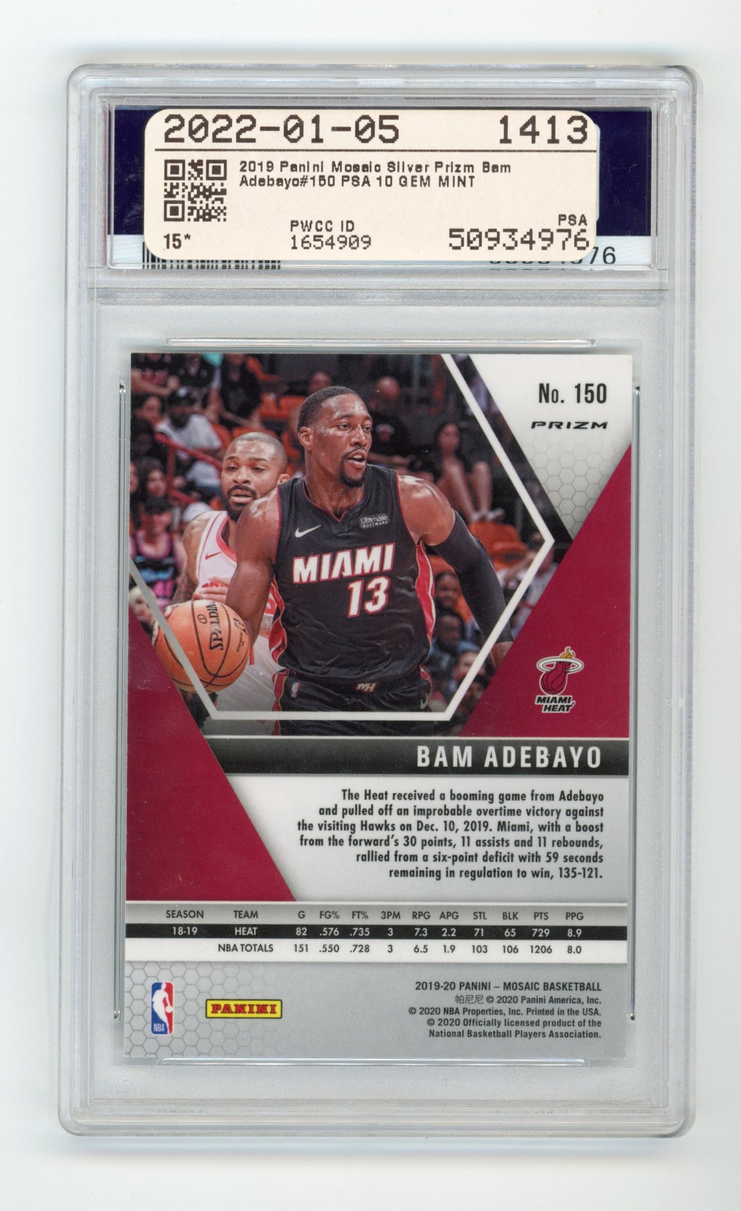 2019 Panini Mosaic Bam Adebayo #150 Silver Prizm PSA 10 Miami Heat