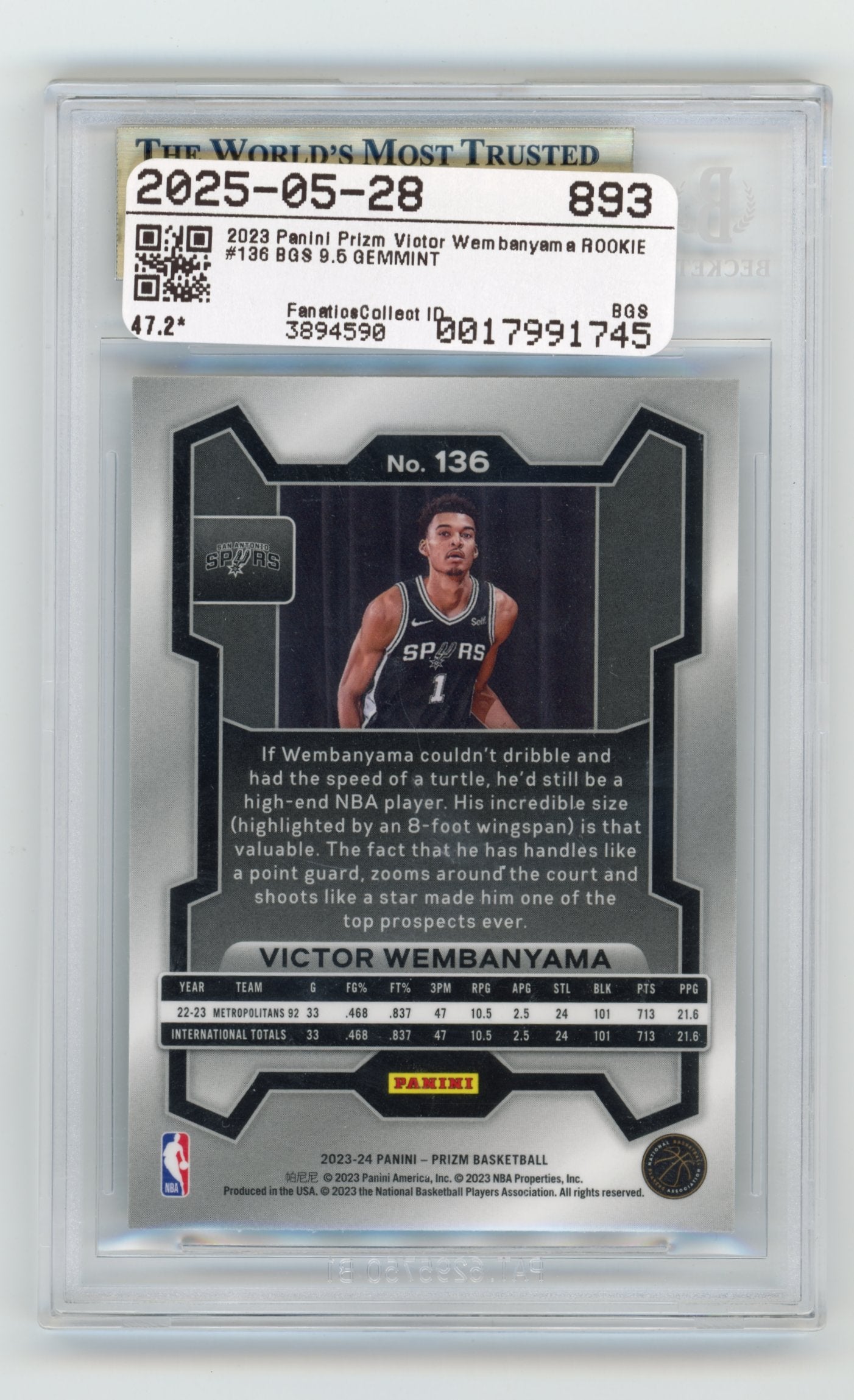 2023-24 Panini Prizm Victor Wembanyama RC #136 BGS 9.5 San Antonio Spurs