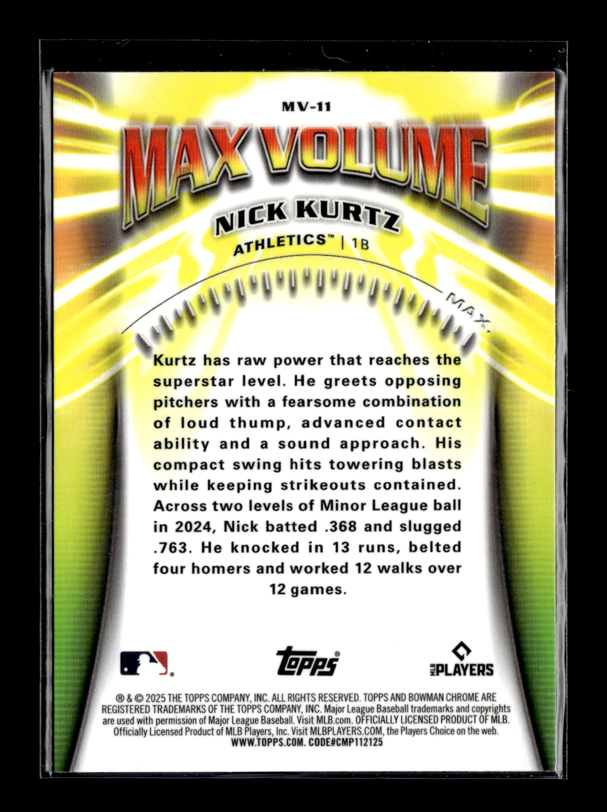 2025 Bowman Chrome Nick Kurtz #MV-11 Max Volume Athletics