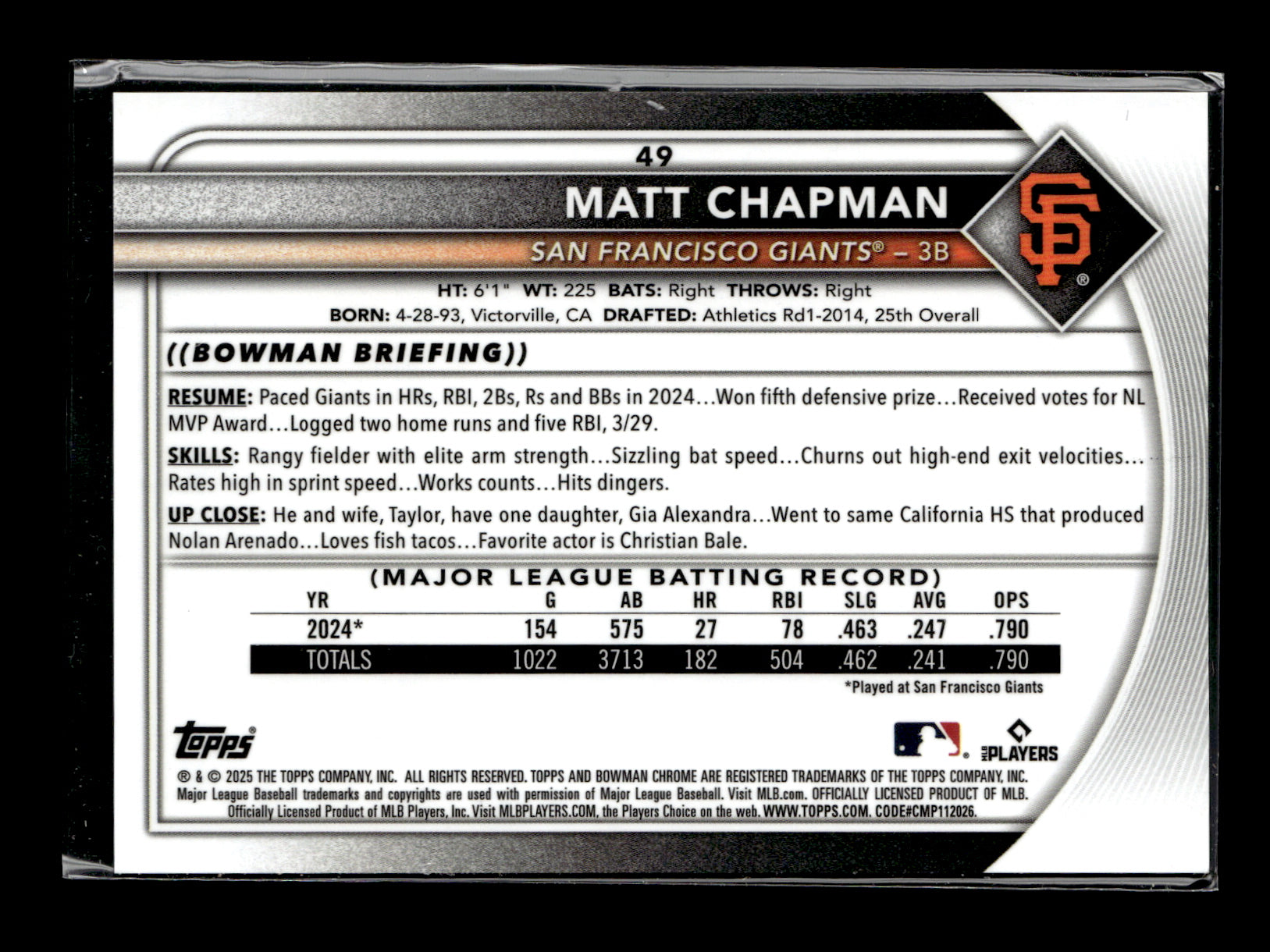 2025 Bowman Chrome Matt Chapman #49 Gold #/50 San Francisco Giants