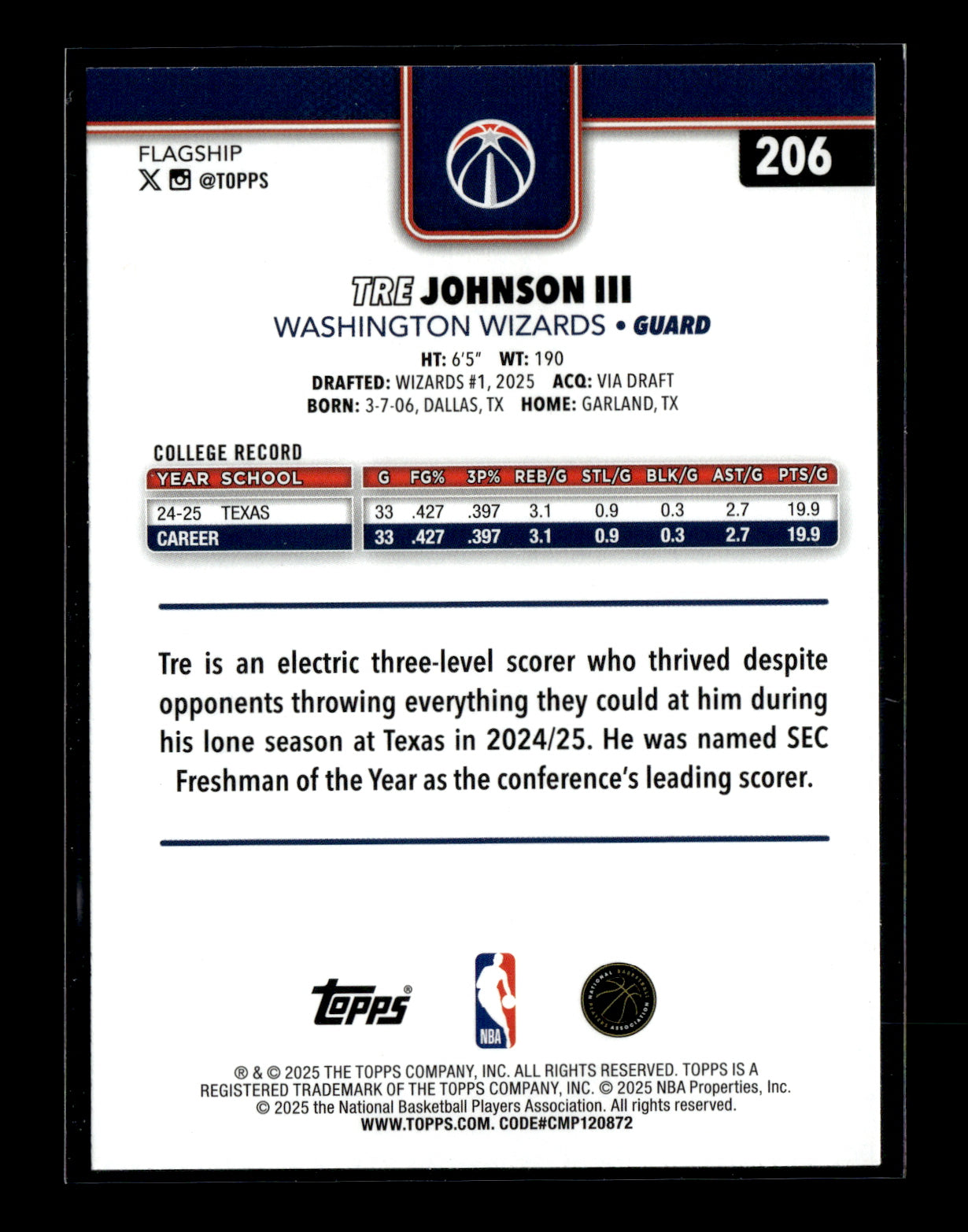 2025-26 Topps #206 Tre Johnson III Rainbow Foilboard Rookie Washington Wizards