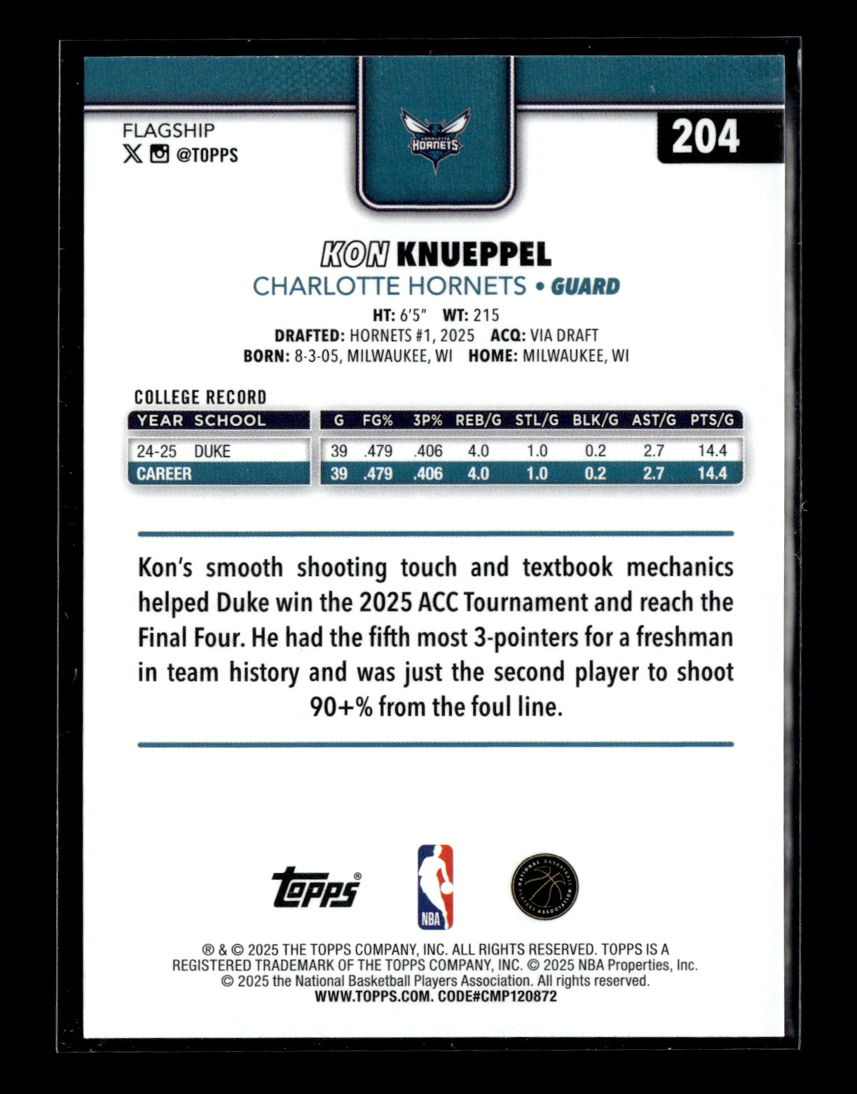 2025-26 Topps #204 Kon Knueppel Rookie Charlotte Hornets