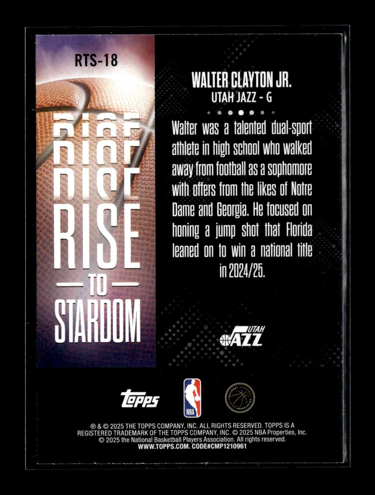 2025-26 Topps #RTS-18 Walter Clayton Jr. Rise to Stardom Purple Rainbow #/250 Utah Jazz