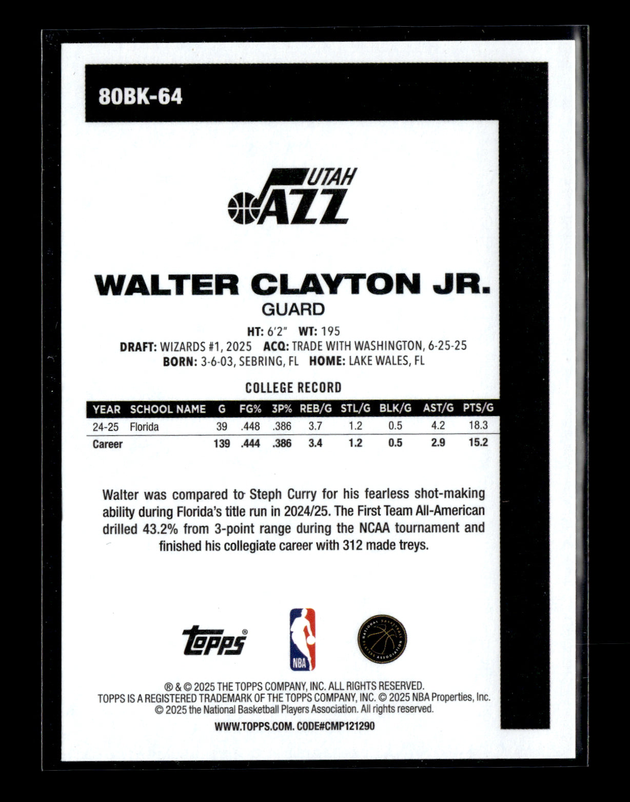 2025-26 Topps #80BK-64 Walter Clayton Jr. 1980-81 Topps Basketball Utah Jazz