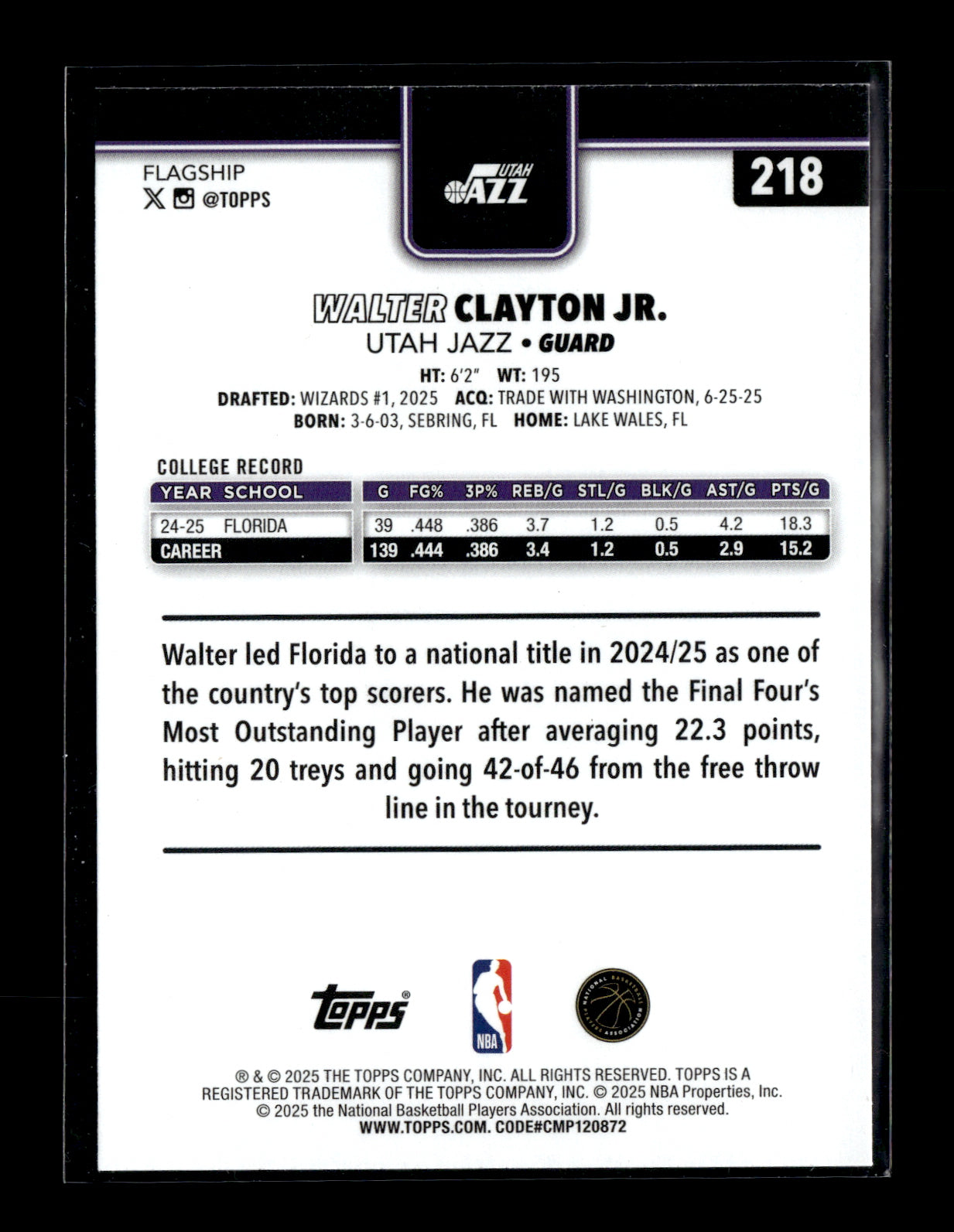 2025-26 Topps #218 Walter Clayton Jr. Rookie Utah Jazz