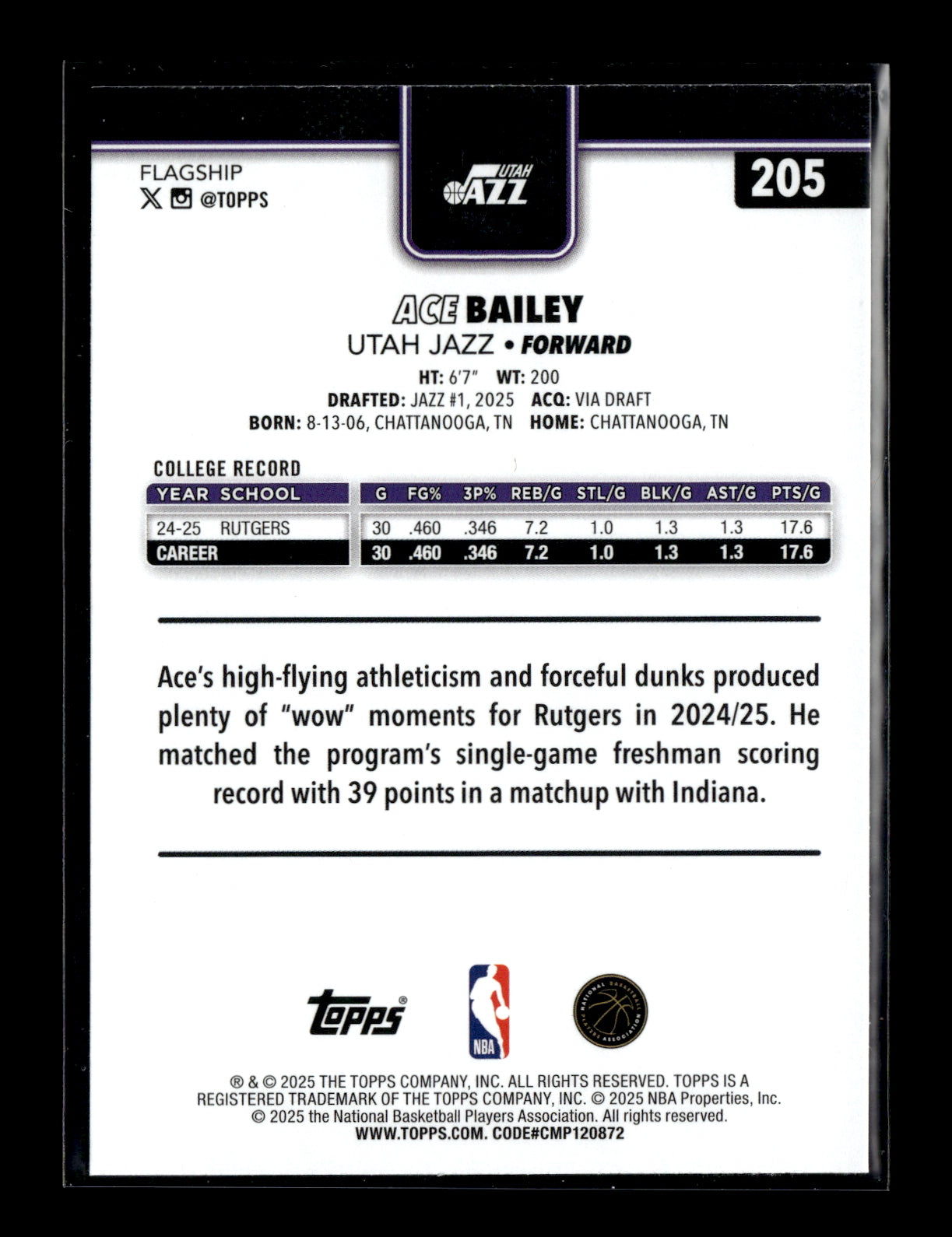 2025-26 Topps #205 Ace Bailey Season Tip Off Rookie Utah Jazz