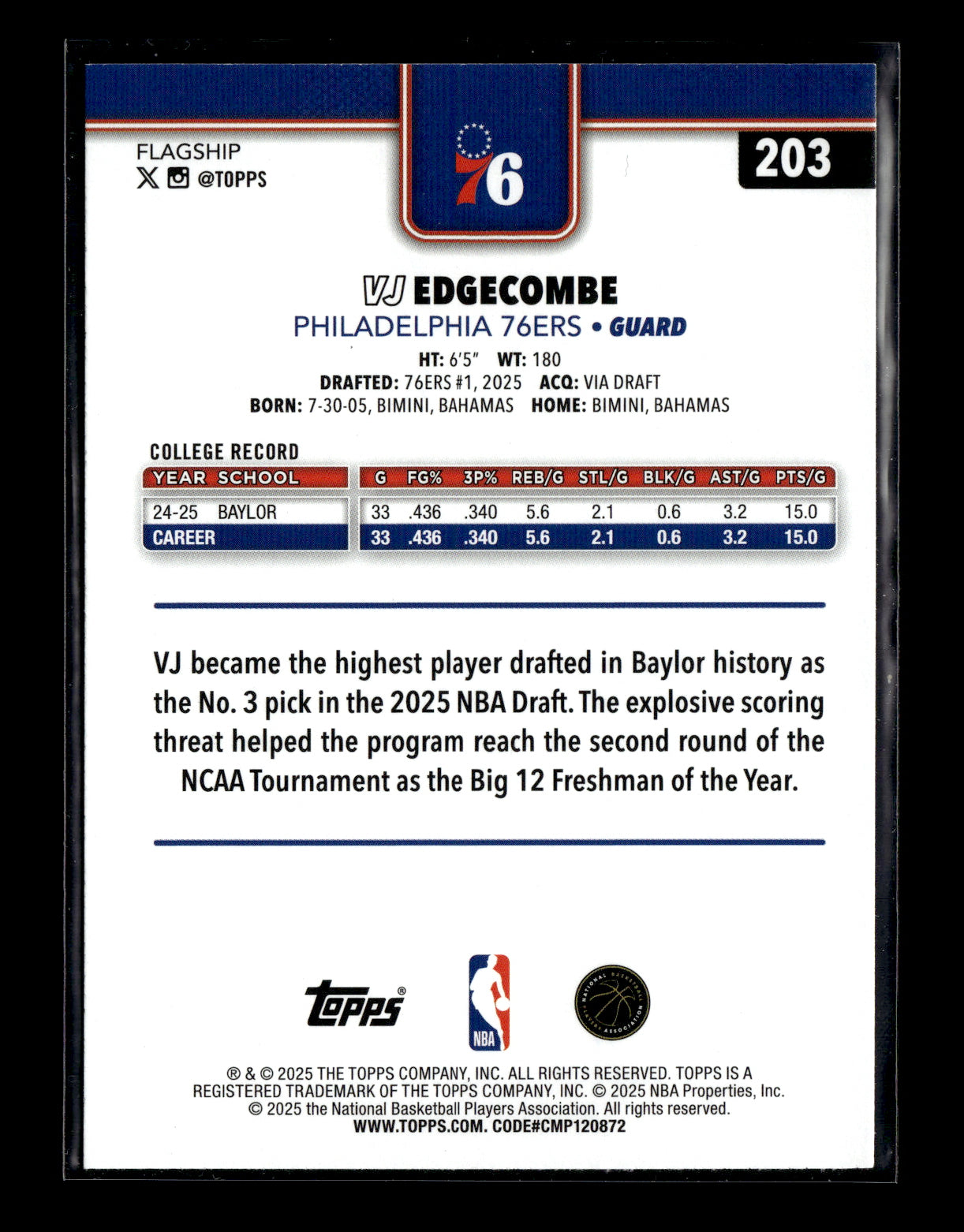 2025-26 Topps #203 VJ Edgecombe Rainbow Foilboard Rookie Philadelphia 76ers