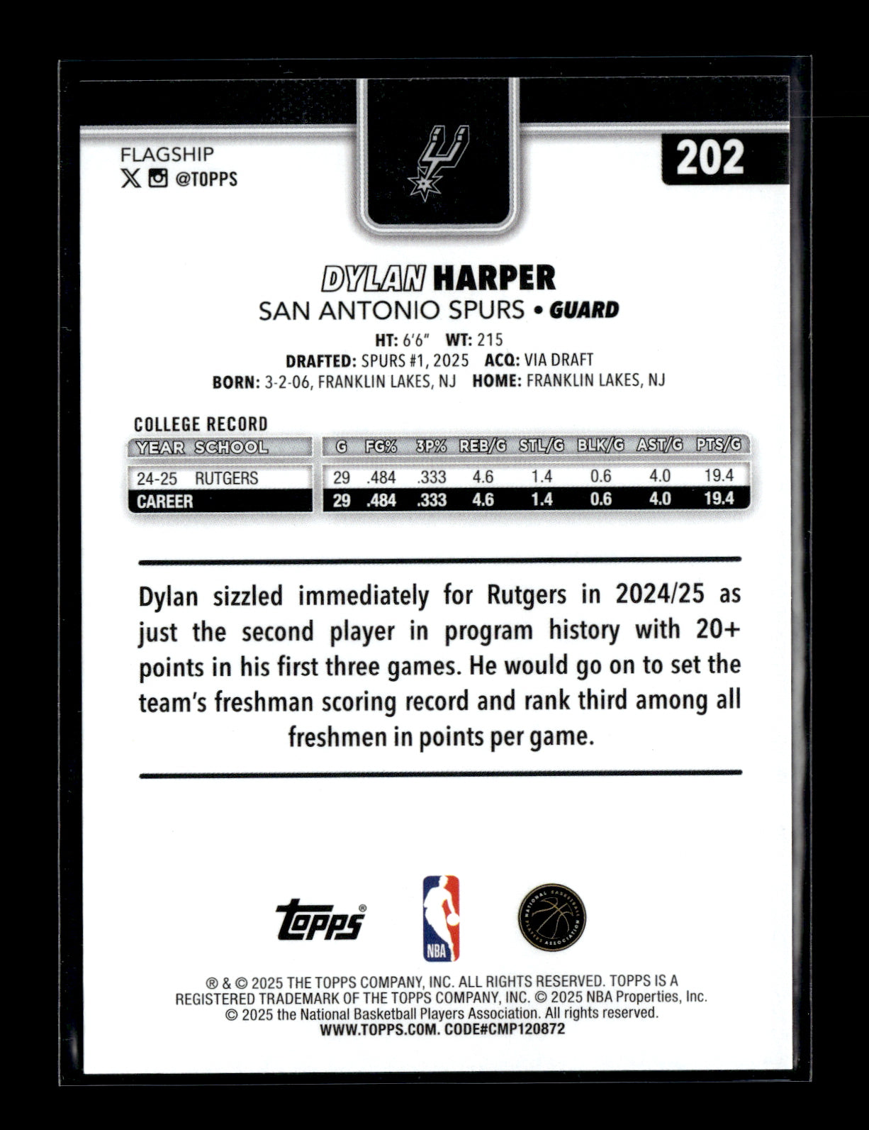 2025-26 Topps #202 Dylan Harper Rookie San Antonio Spurs