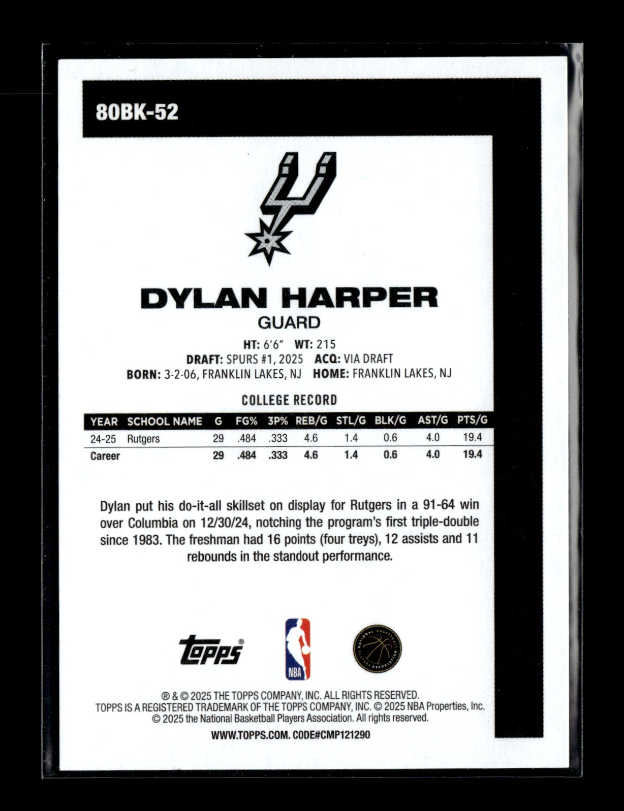 2025-26 Topps #80BK-52 Dylan Harper 1980-81 Topps Basketball San Antonio Spurs