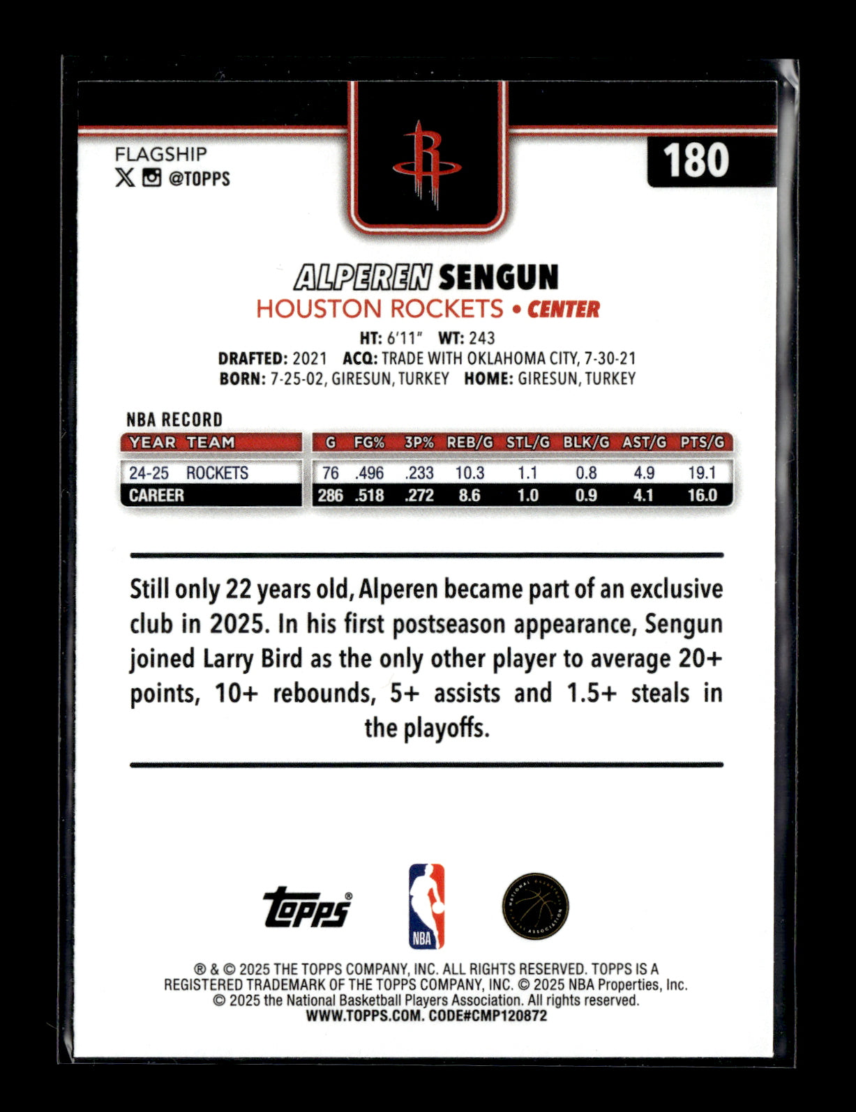 2025-26 Topps #180 Alperen Sengun Blue Rainbow #/150 Houston Rockets