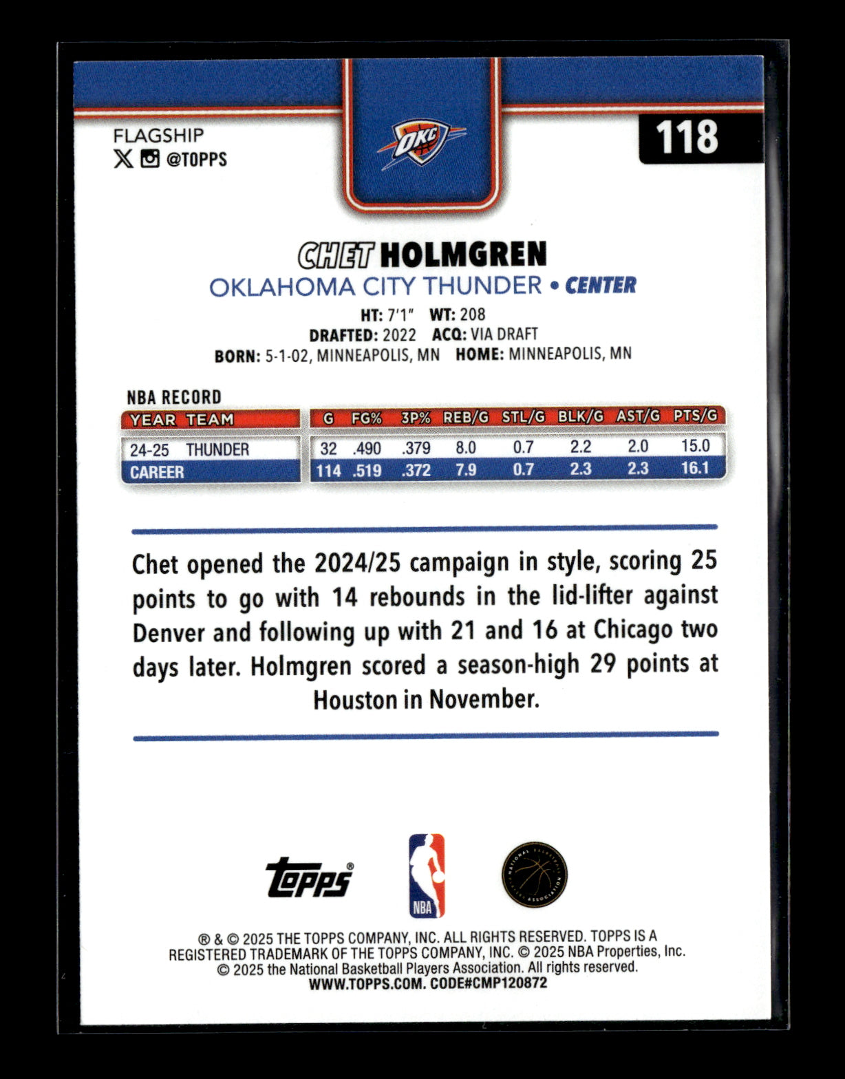 2025-26 Topps #118 Chet Holmgren Green Holo Foil #/99 Oklahoma City Thunder