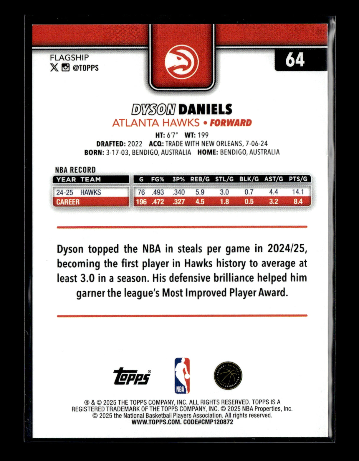 2025-26 Topps #64 Dyson Daniels Gold Holo Foil #/50 Atlanta Hawks