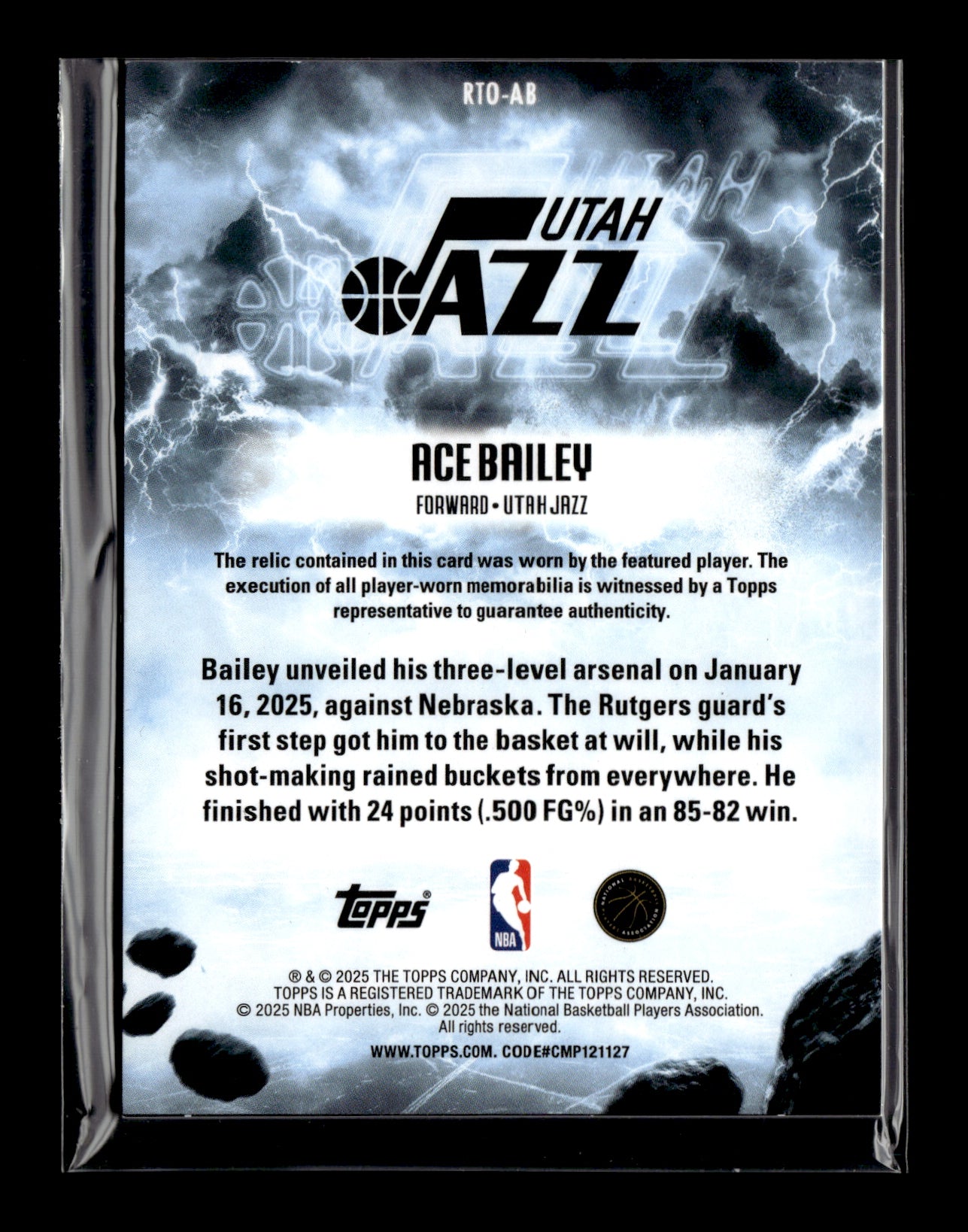 2025-26 Topps #RTO-AB Ace Bailey Rise to the Occasion Relics Utah Jazz
