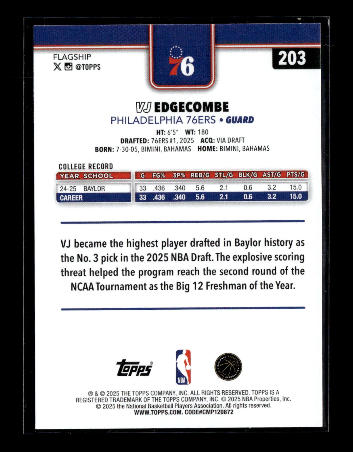 2025-26 Topps #203 VJ Edgecombe Rookie Philadelphia 76ers