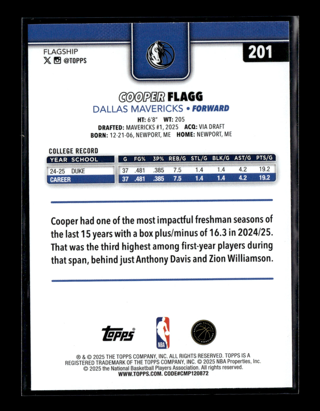 2025-26 Topps #201 Cooper Flagg Rookie Dallas Mavericks