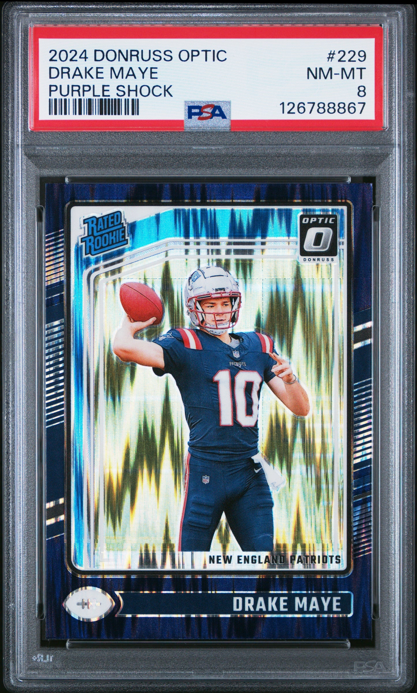 2024 Panini Donruss Optic Drake Maye #229 Purple Shock PSA 8