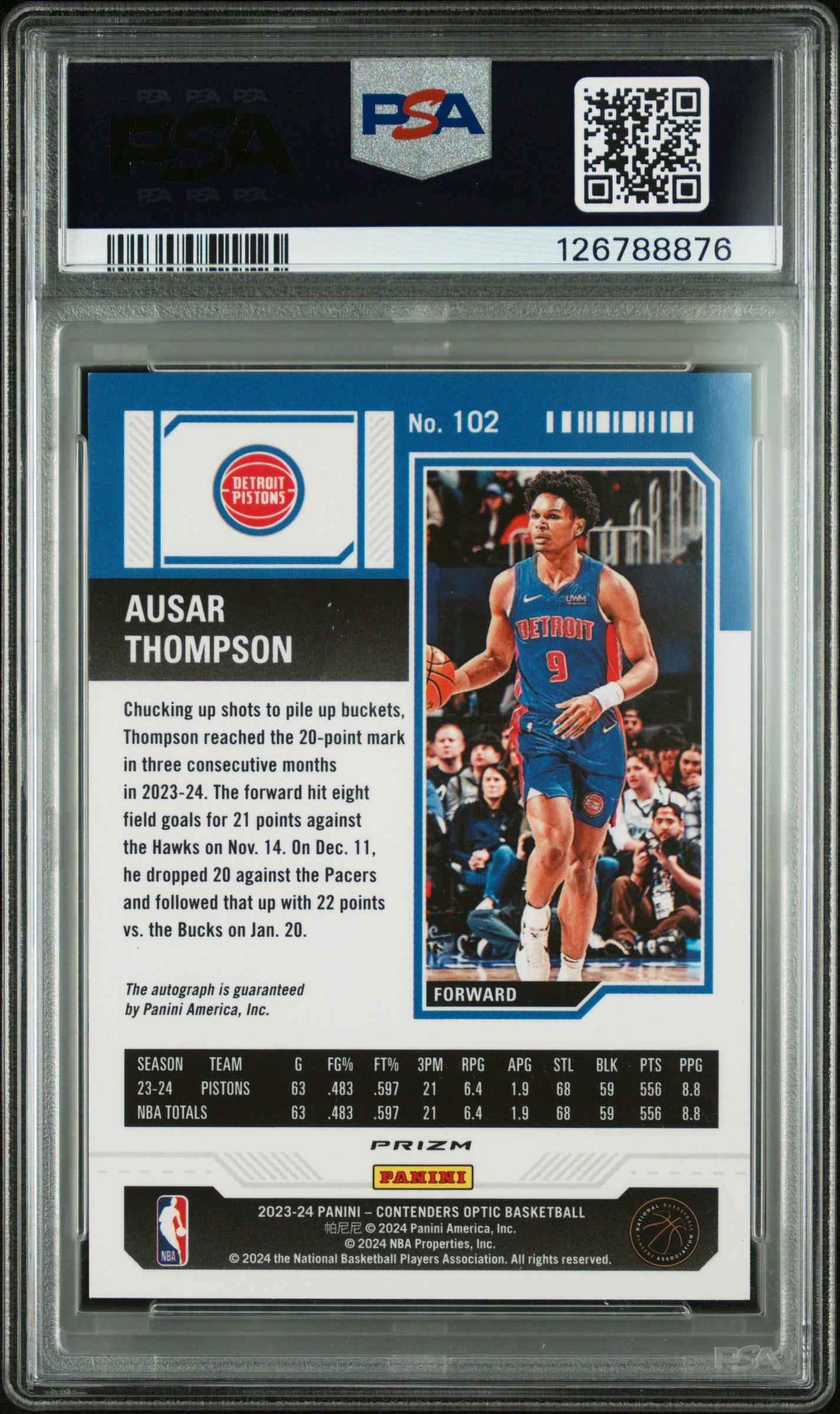 2023 Panini Contenders Optic Ausar Thompson #102 Autograph PSA 8 Detroit Pistons