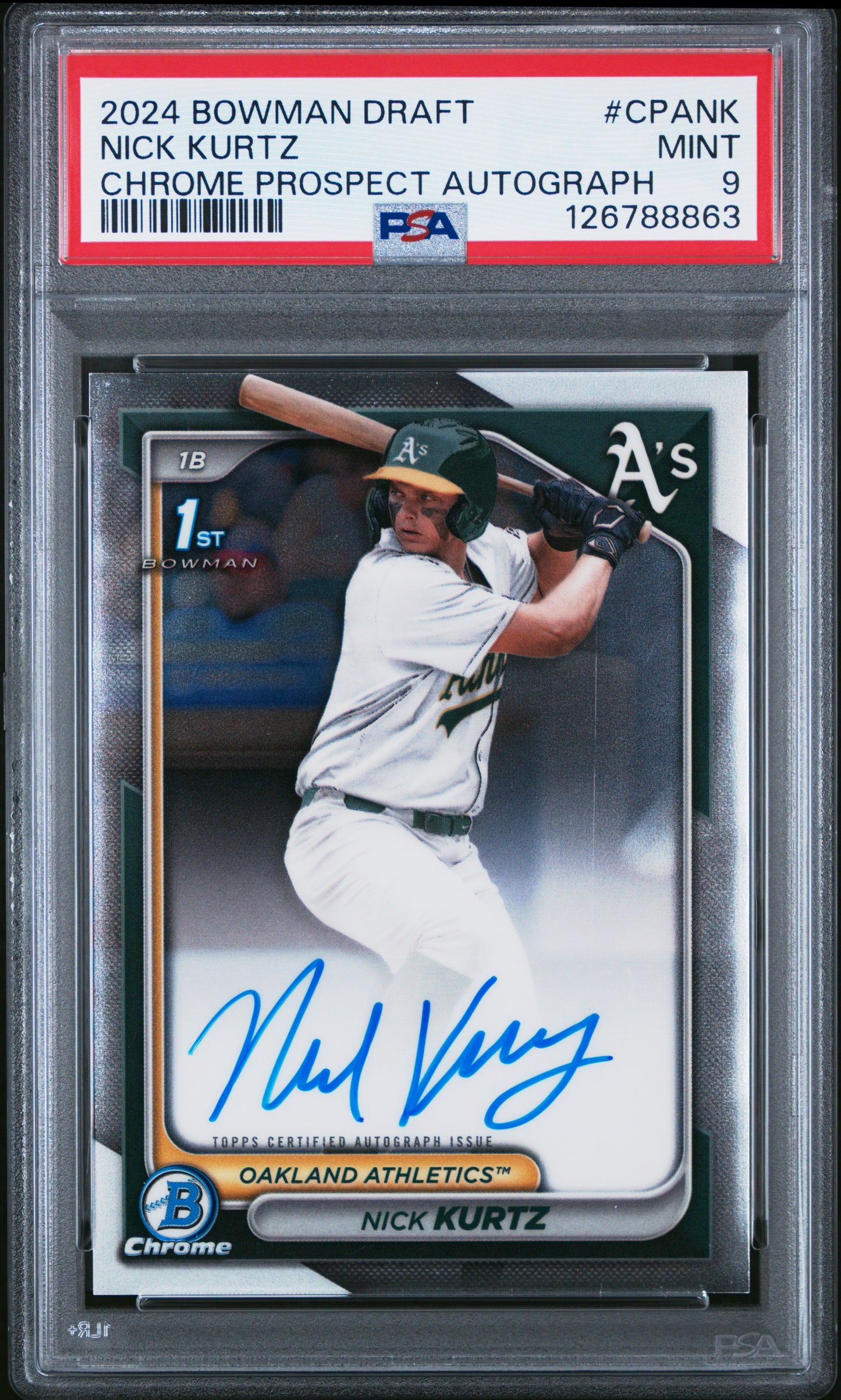 2024 Bowman Draft Chrome Prospect Autographs Nick Kurtz PSA 9 Oakland Athletics