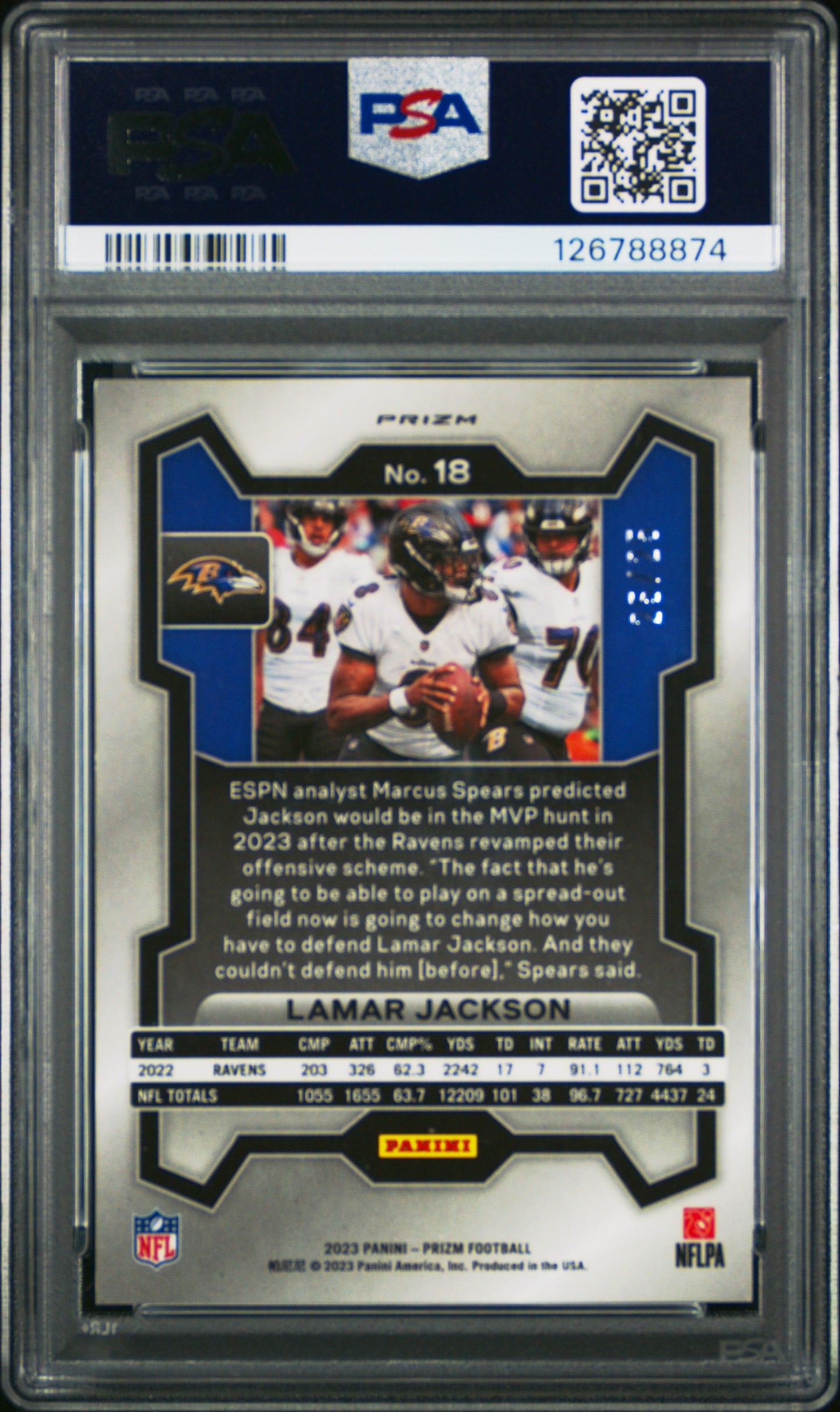 2023 Panini Prizm Lamar Jackson #18 Blue Shimmer PSA 8 Baltimore Ravens