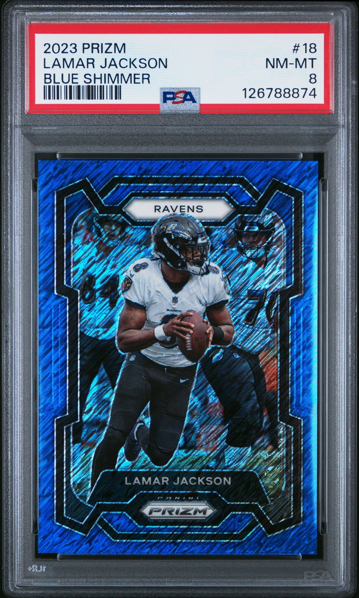 2023 Panini Prizm Lamar Jackson #18 Blue Shimmer PSA 8 Baltimore Ravens
