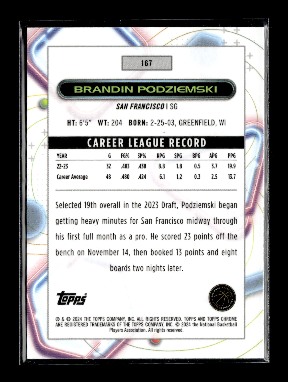 2023-24 Topps Chrome Cosmic Brandin Podziemski #167 Pink Galaxy Refractors Golden State Warriors
