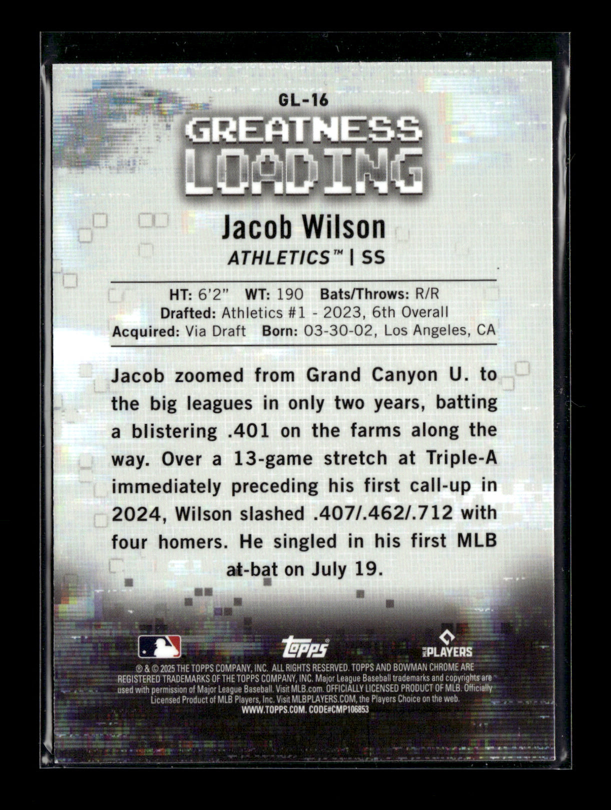 2025 Bowman Jacob Wilson #GL-16 Greatness Loading Athletics