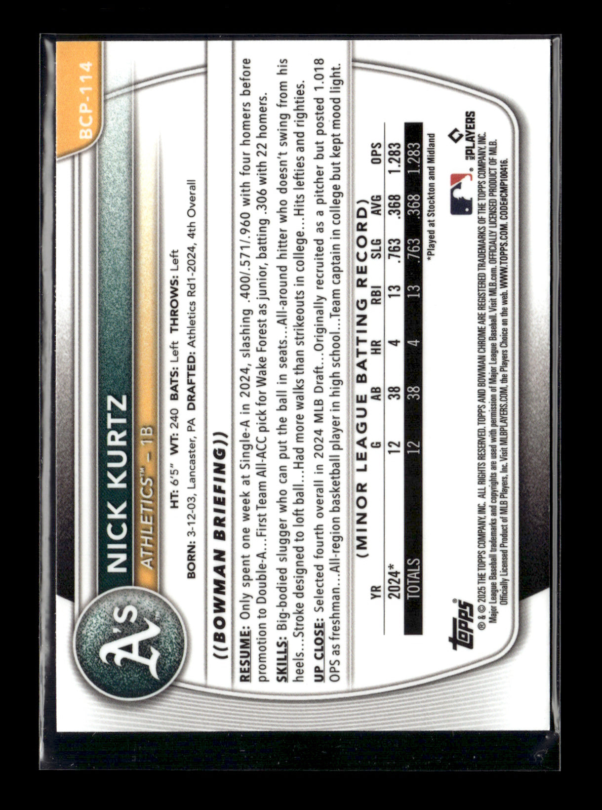 2025 Bowman Nick Kurtz #BCP-114 Chrome Prospects Athletics