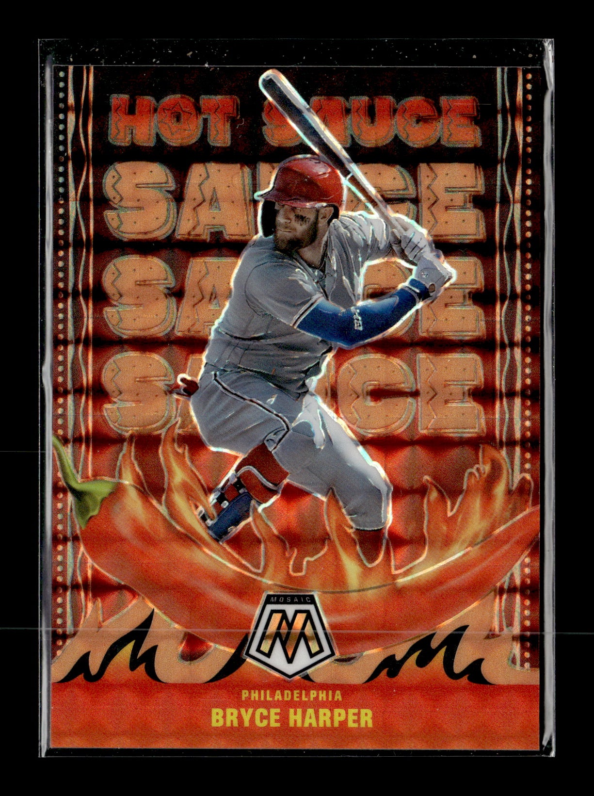 2022 Panini Mosaic Bryce Harper #HS-3 Hot Sauce Reactive Orange Mosaic #/99 Philadelphia Phillies