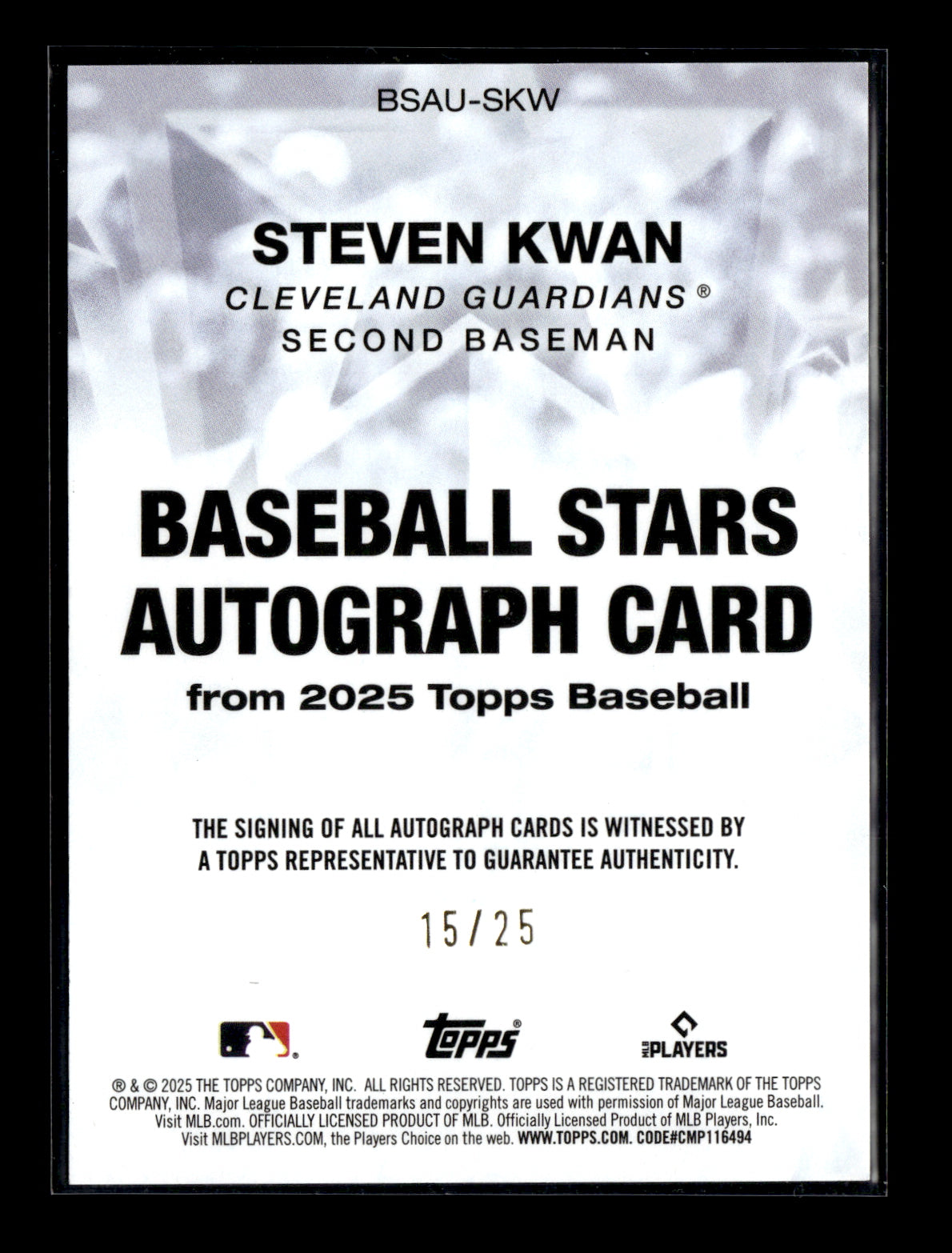 2025 Topps Update Steven Kwan #BSAU-SKW Baseball Stars Autographs Orange #/25 Cleveland Guardians