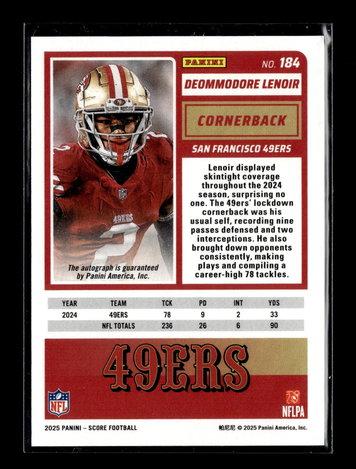 2025 Score Deommodore Lenoir #184 Base Signatures Green San Francisco 49ers