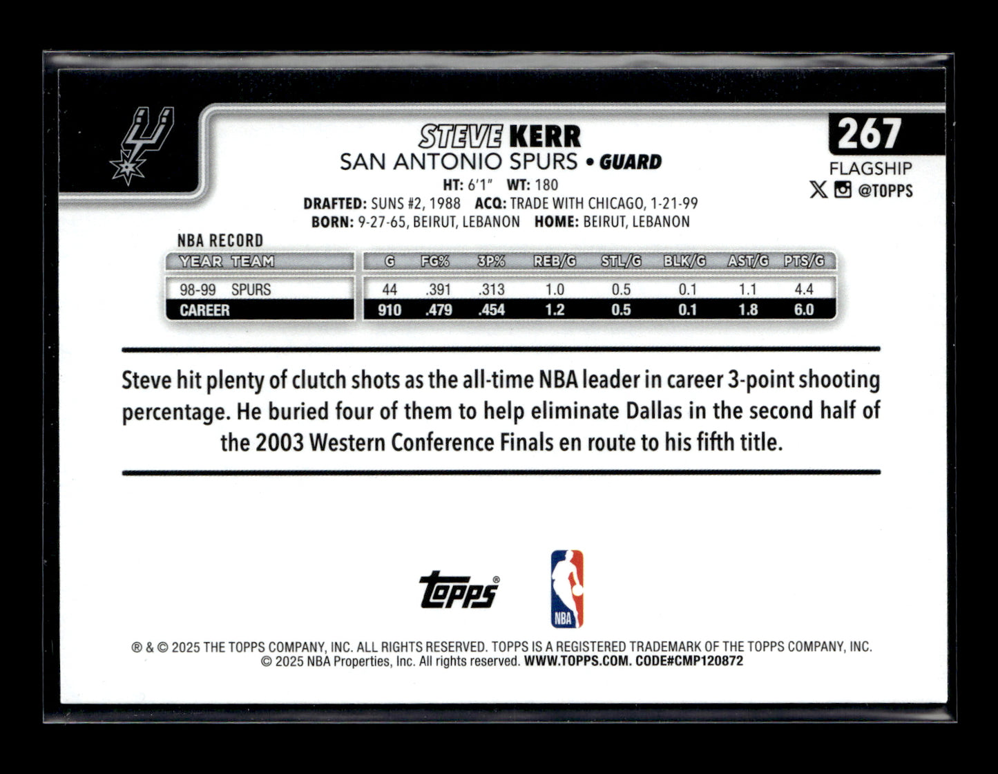 2025-26 Topps Steve Kerr #267 Blue Holo Foil #/150 San Antonio Spurs