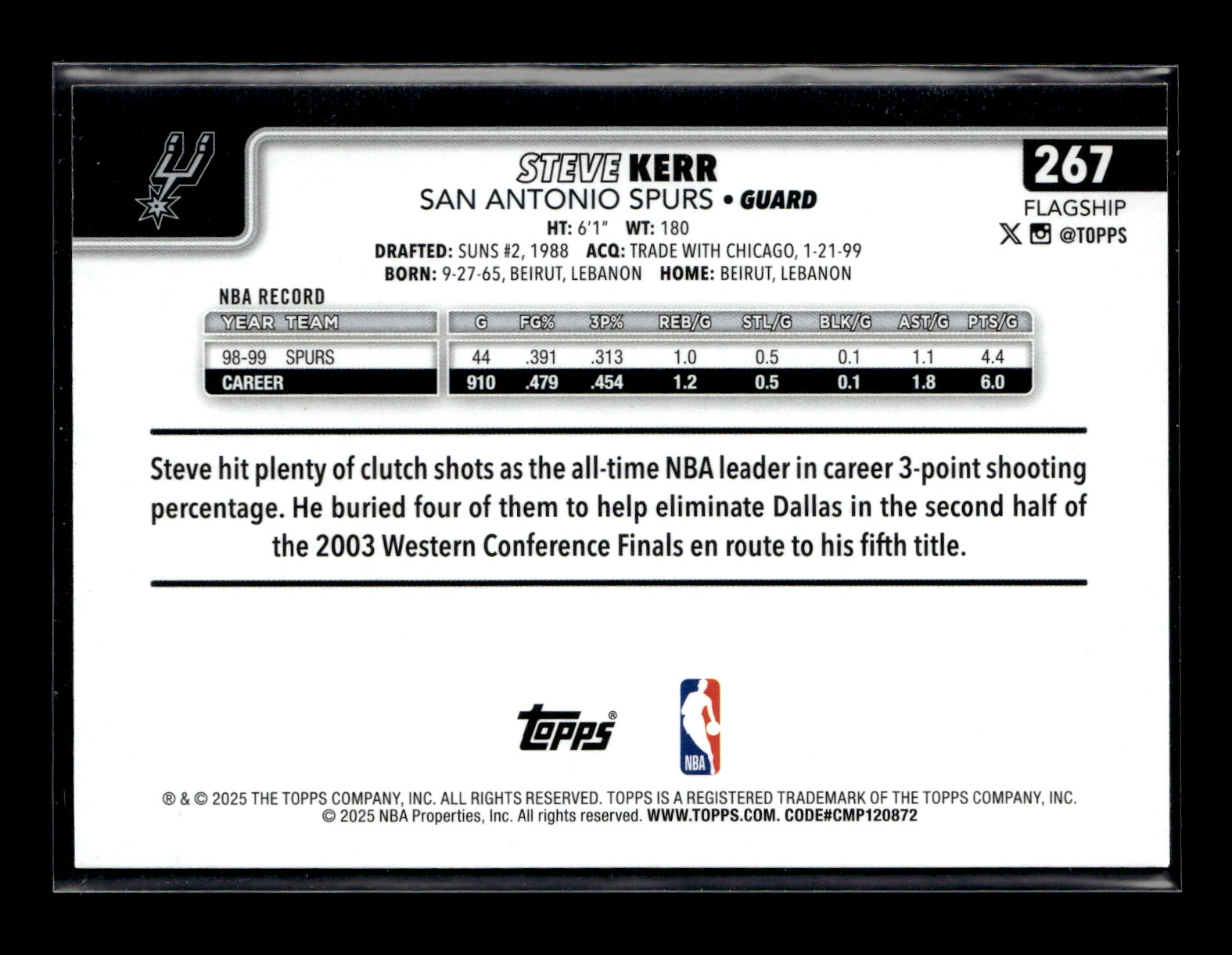 2025-26 Topps Steve Kerr #267 Blue Holo Foil #/150 San Antonio Spurs