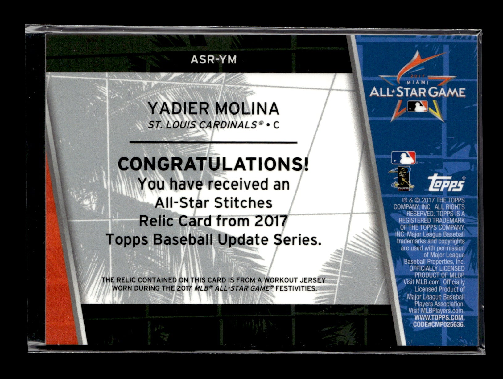 2017 Topps Update Yadier Molina #ASR-YM All-Star Stitches Relics St. Louis Cardinals