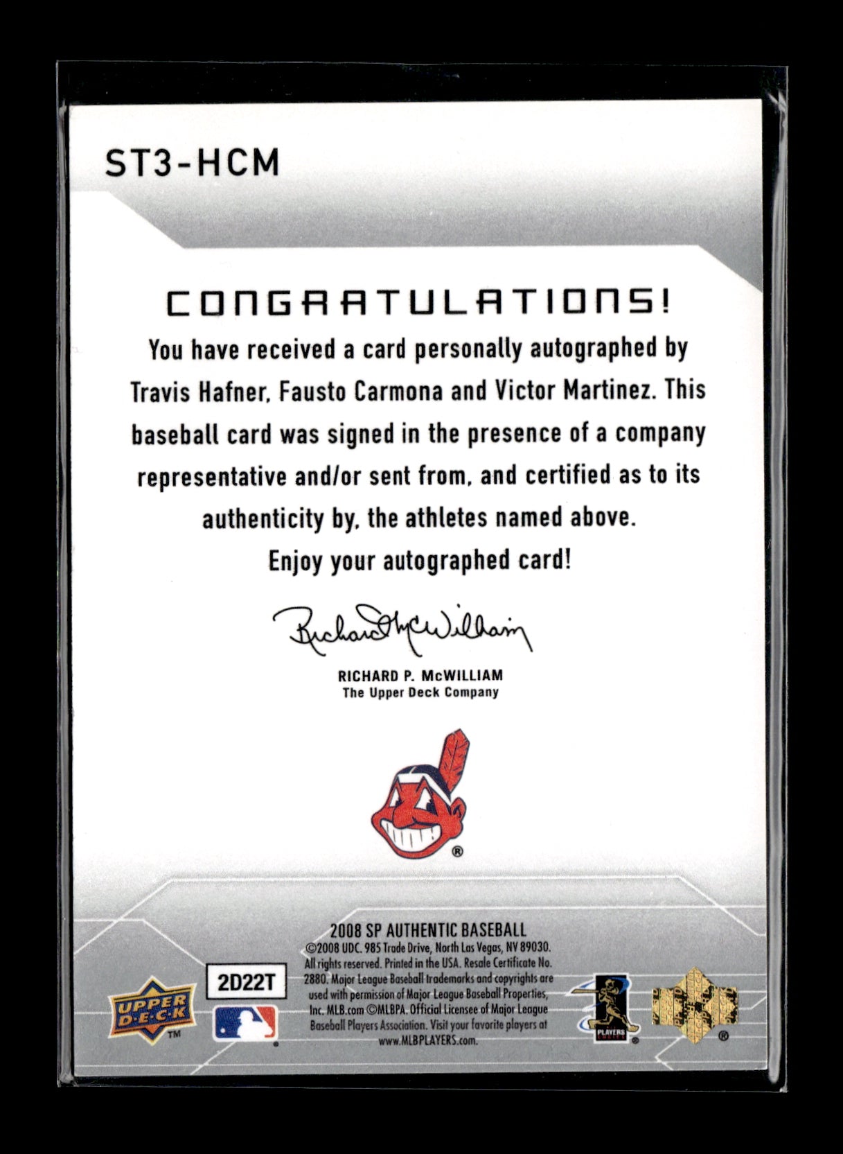 2008 SP Authentic Travis Hafner / Fausto Carmona / Victor Martinez AU, SN50 #ST3-HCM Sign of the Times Triple #/50 Cleveland Indians