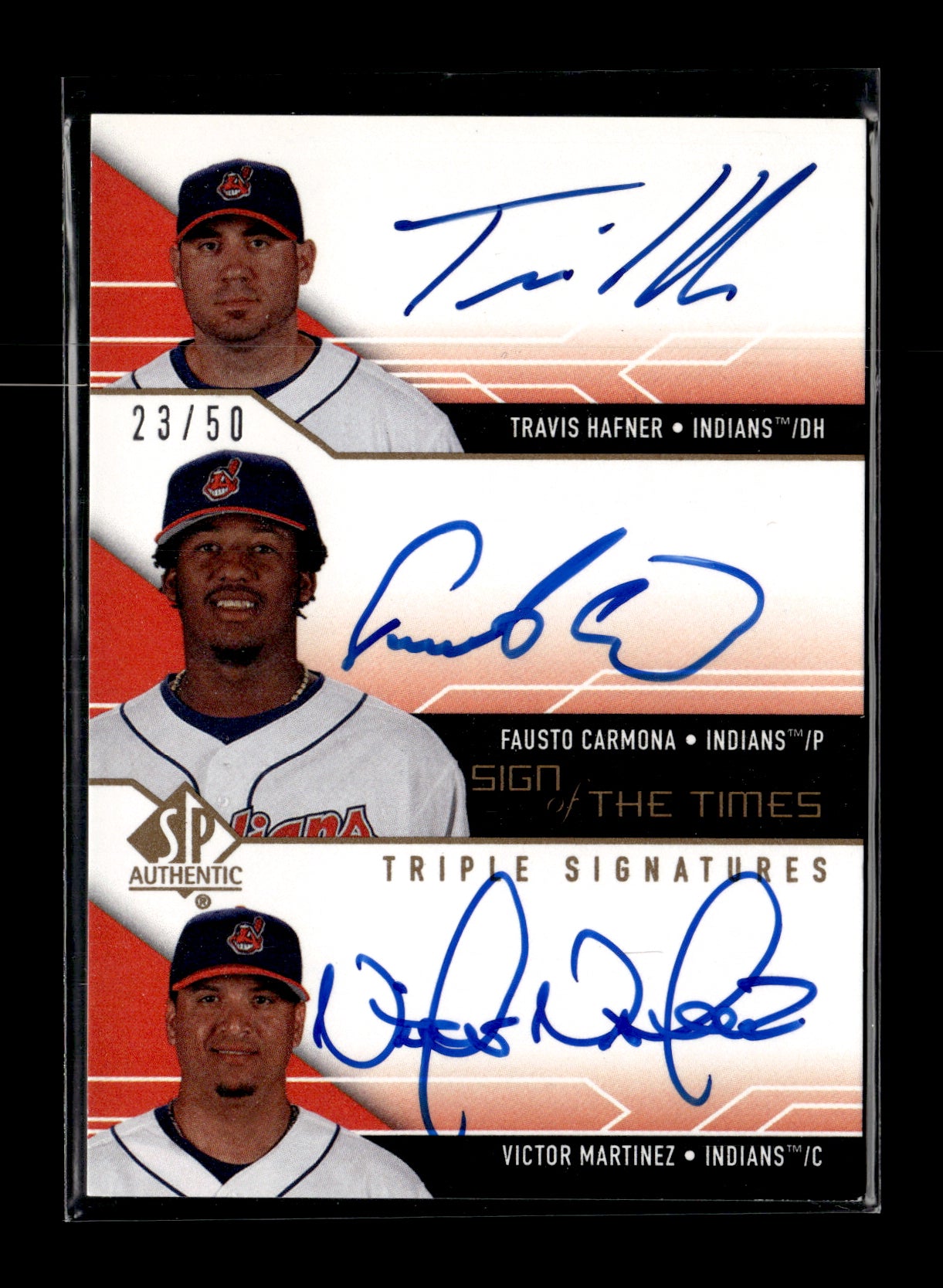 2008 SP Authentic Travis Hafner / Fausto Carmona / Victor Martinez AU, SN50 #ST3-HCM Sign of the Times Triple #/50 Cleveland Indians