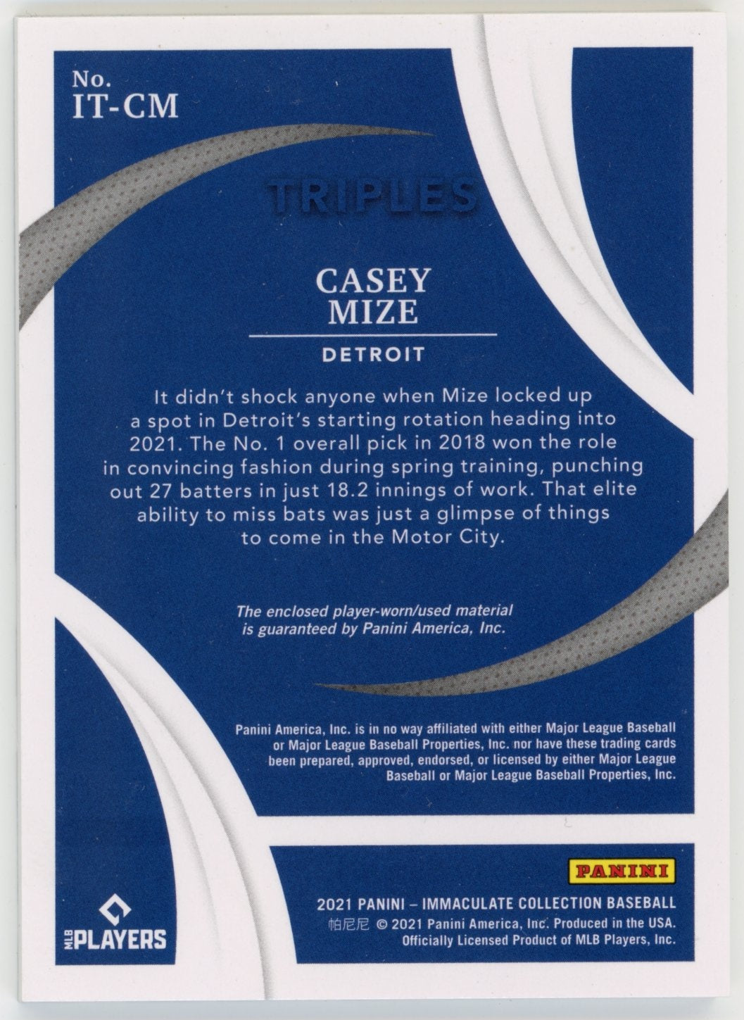 2021 Panini Immaculate Collection Casey Mize #IT-CM Immaculate Triples #/49 Detroit Tigers