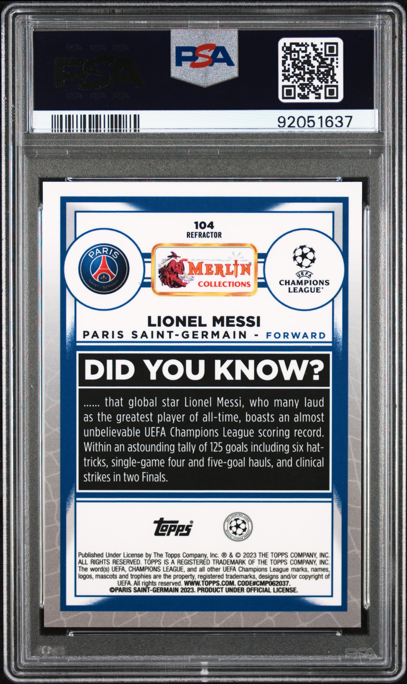 2022-23 Topps Merlin Chrome UEFA Club Competitions Lionel Messi #104 Refractor PSA 10 PSG