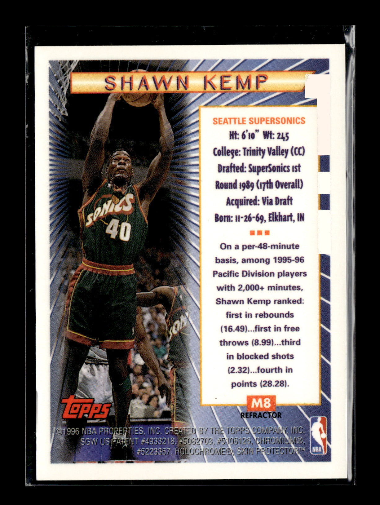 1996-97 Topps Shawn Kemp #M8 Super Team Champion Mystery Finest Bordered Refractor Seattle SuperSonics