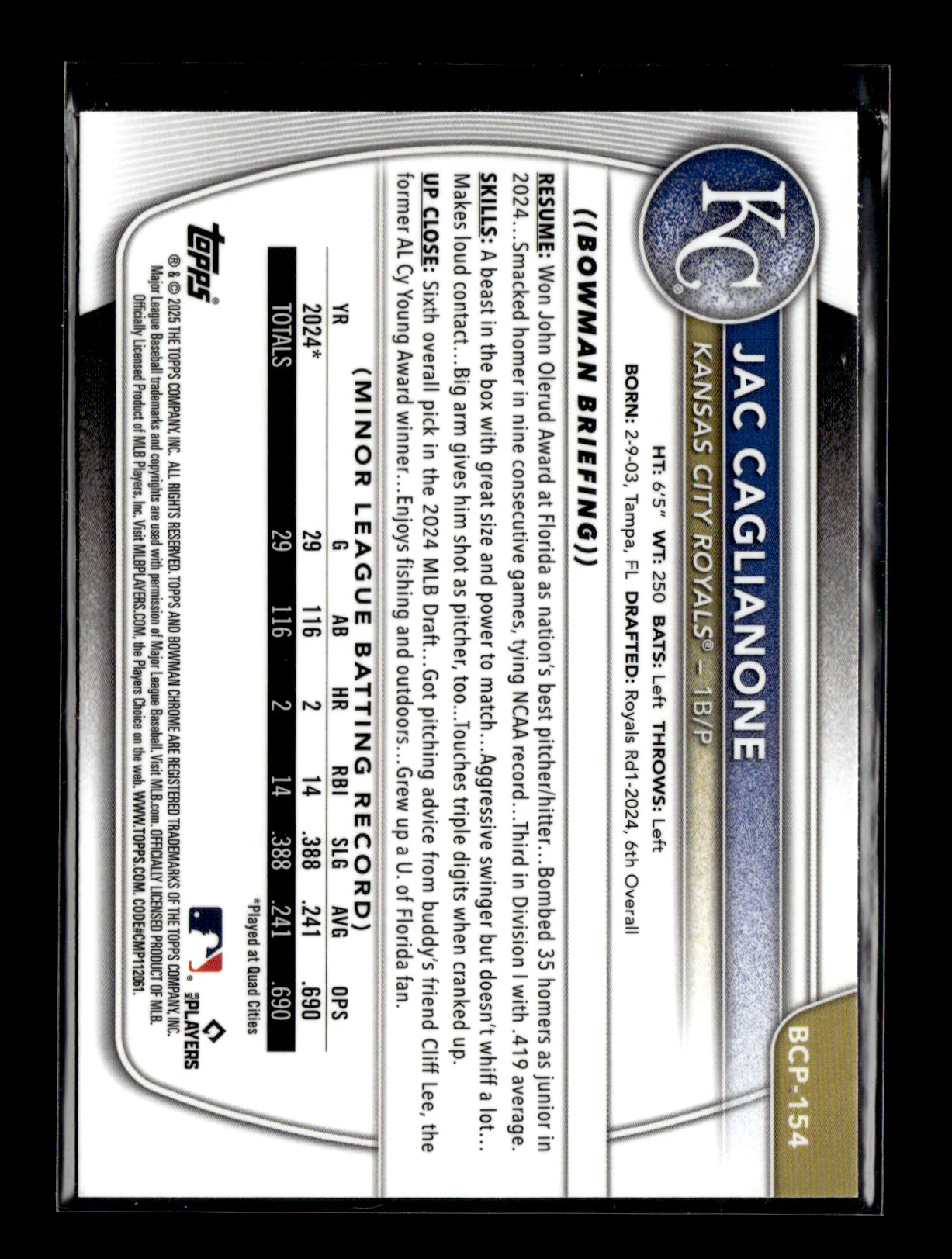 2025 Bowman Chrome Jac Caglianone #BCP-154 Prospects Purple Pulsar #/250 Kansas City Royals