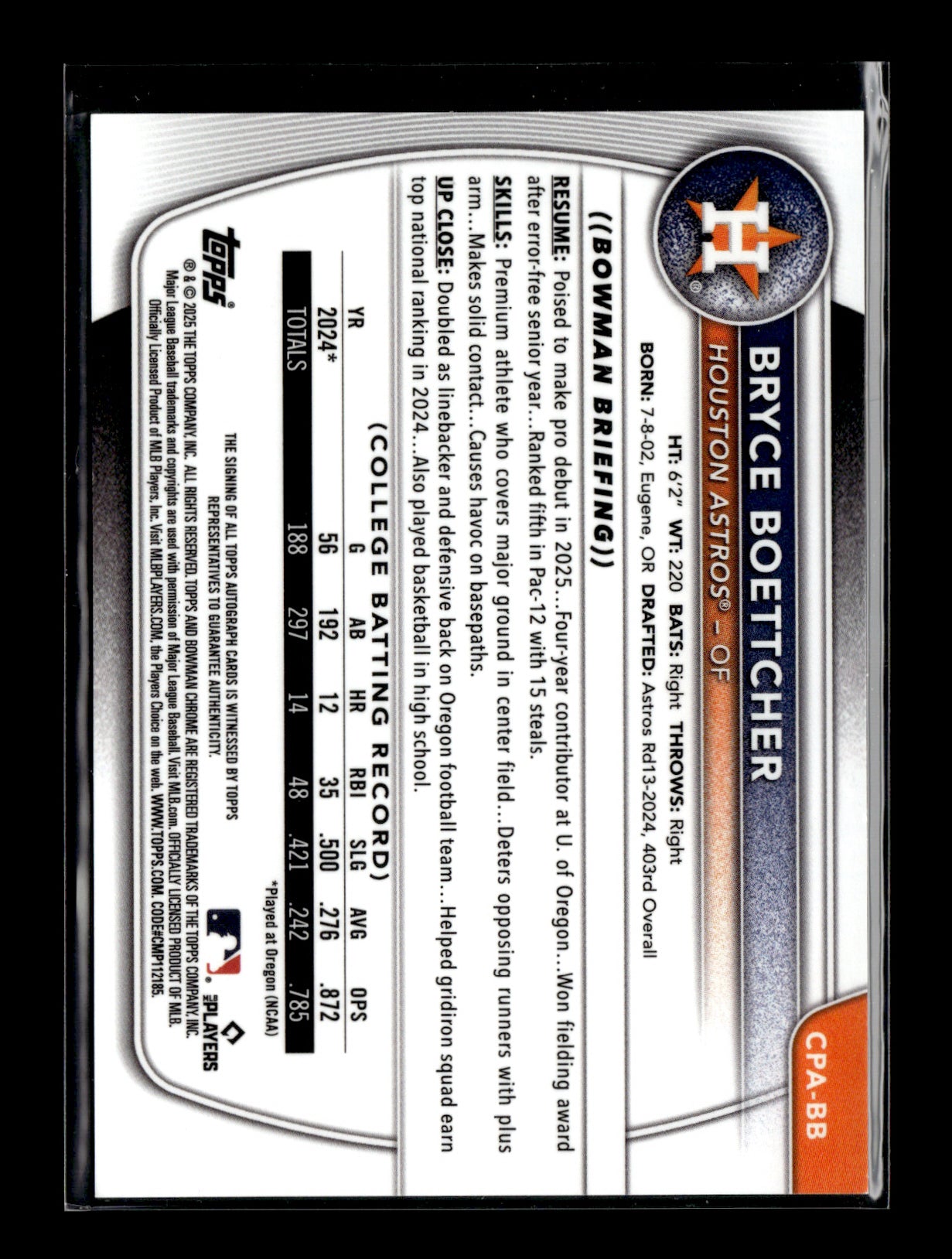 2025 Bowman Chrome Bryce Boettcher 1st Bowman RC #CPA-BB Prospect Autographs Houston Astros