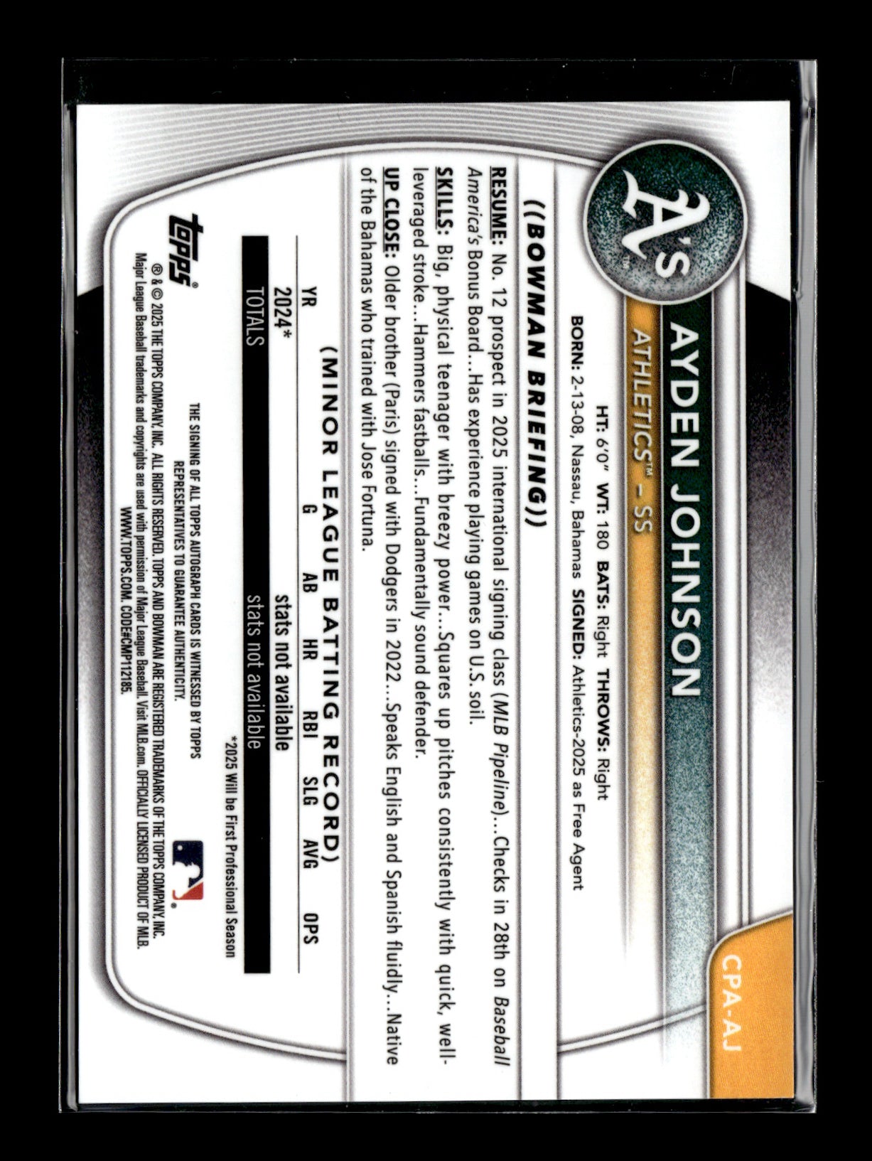 2025 Bowman Chrome Ayden Johnson #BCP-197 Prospects Purple #/250 Autograph Athletics