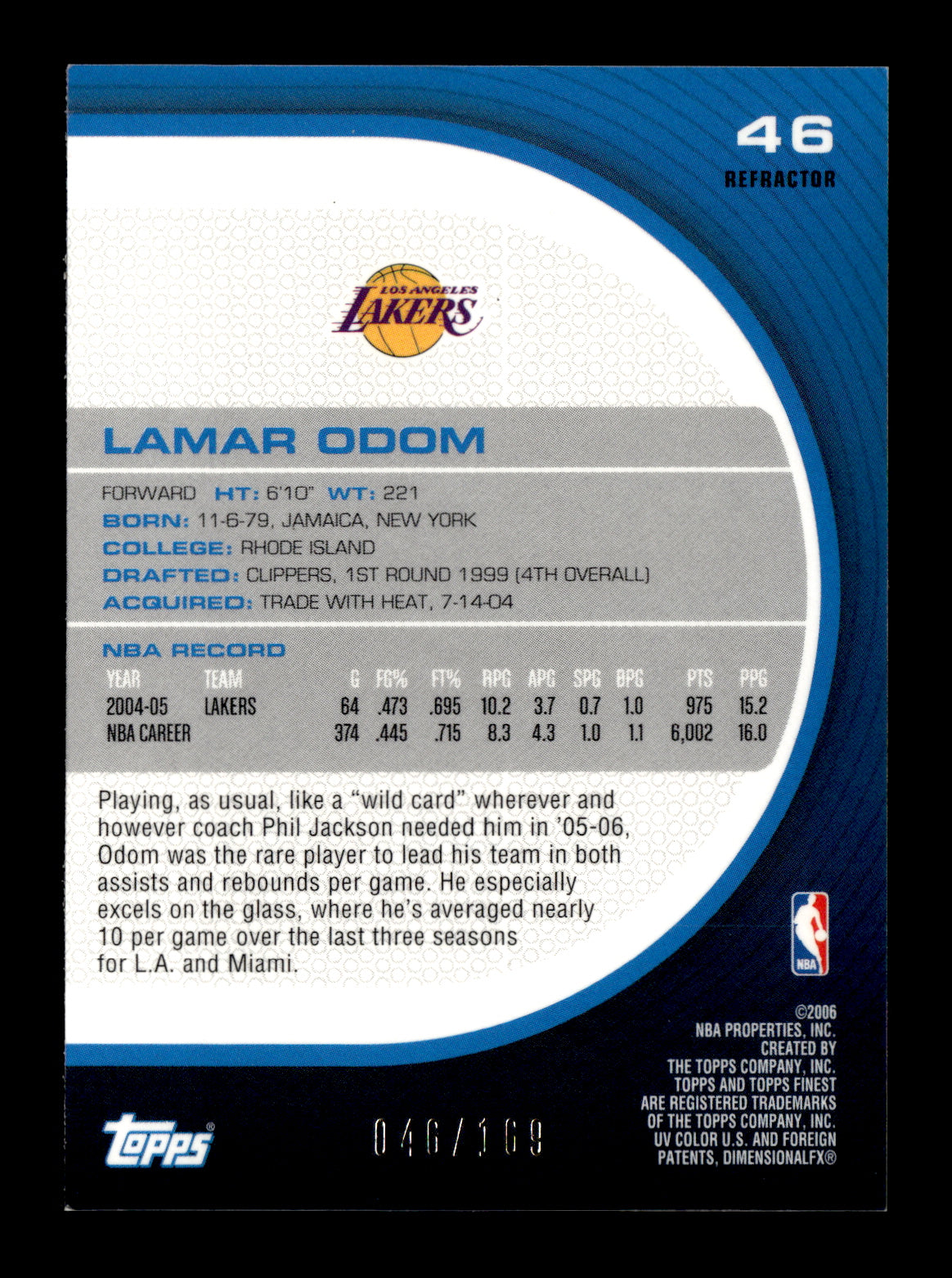 2005-06 Finest Lamar Odom #46 Refractors Red #/169 Los Angeles Lakers