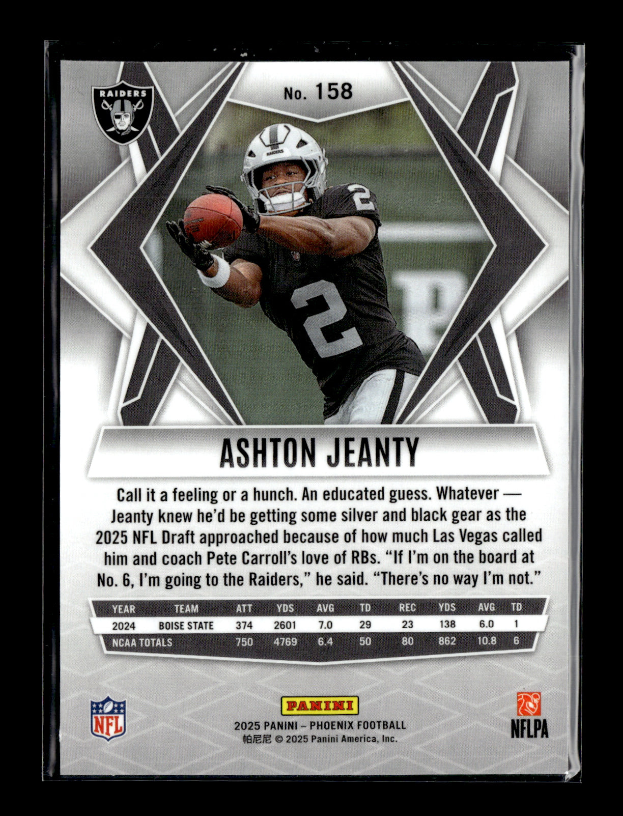 2025 Panini Phoenix Ashton Jeanty #158 Las Vegas Raiders